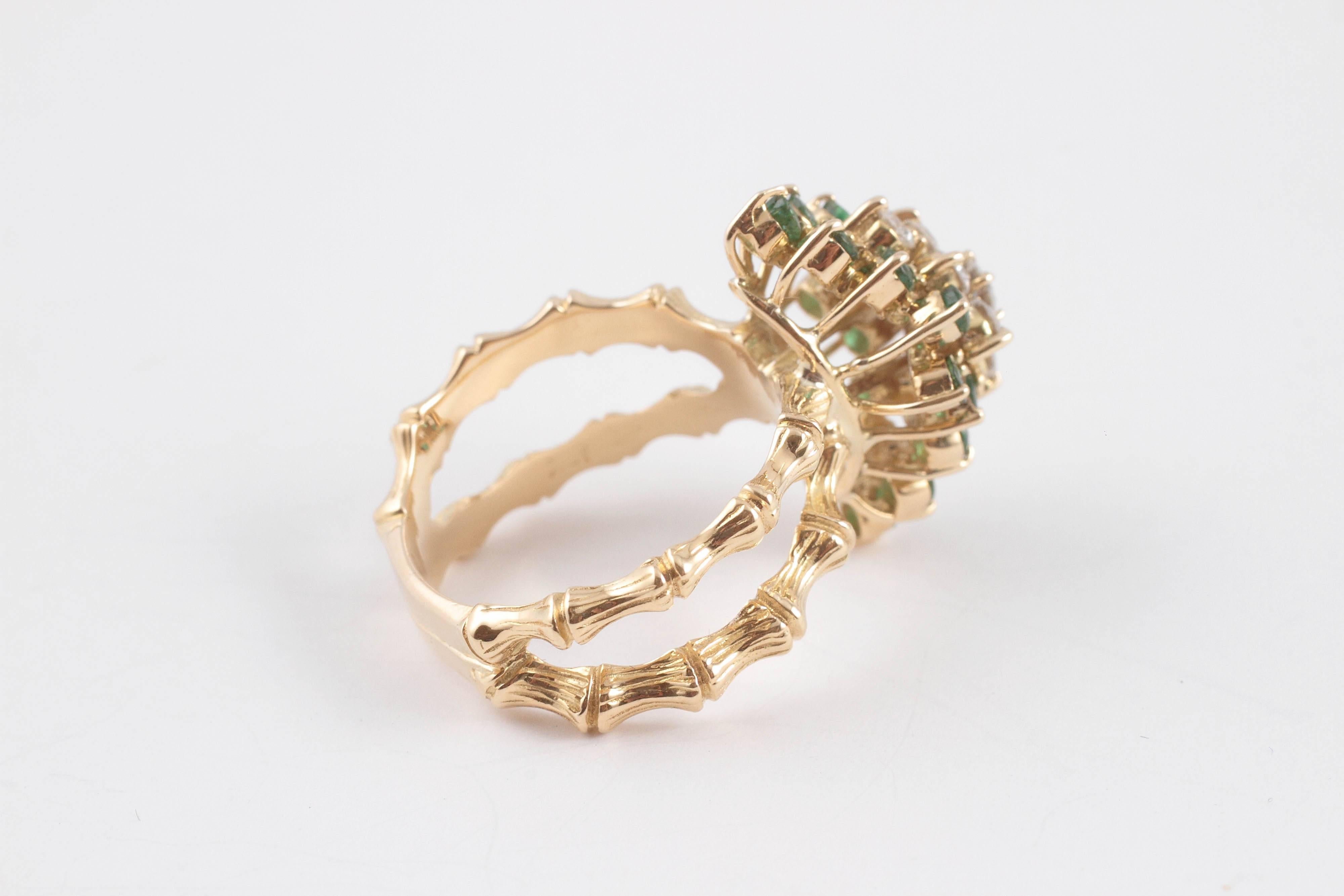 Emerald Diamond Gold Bamboo Style Ring 2