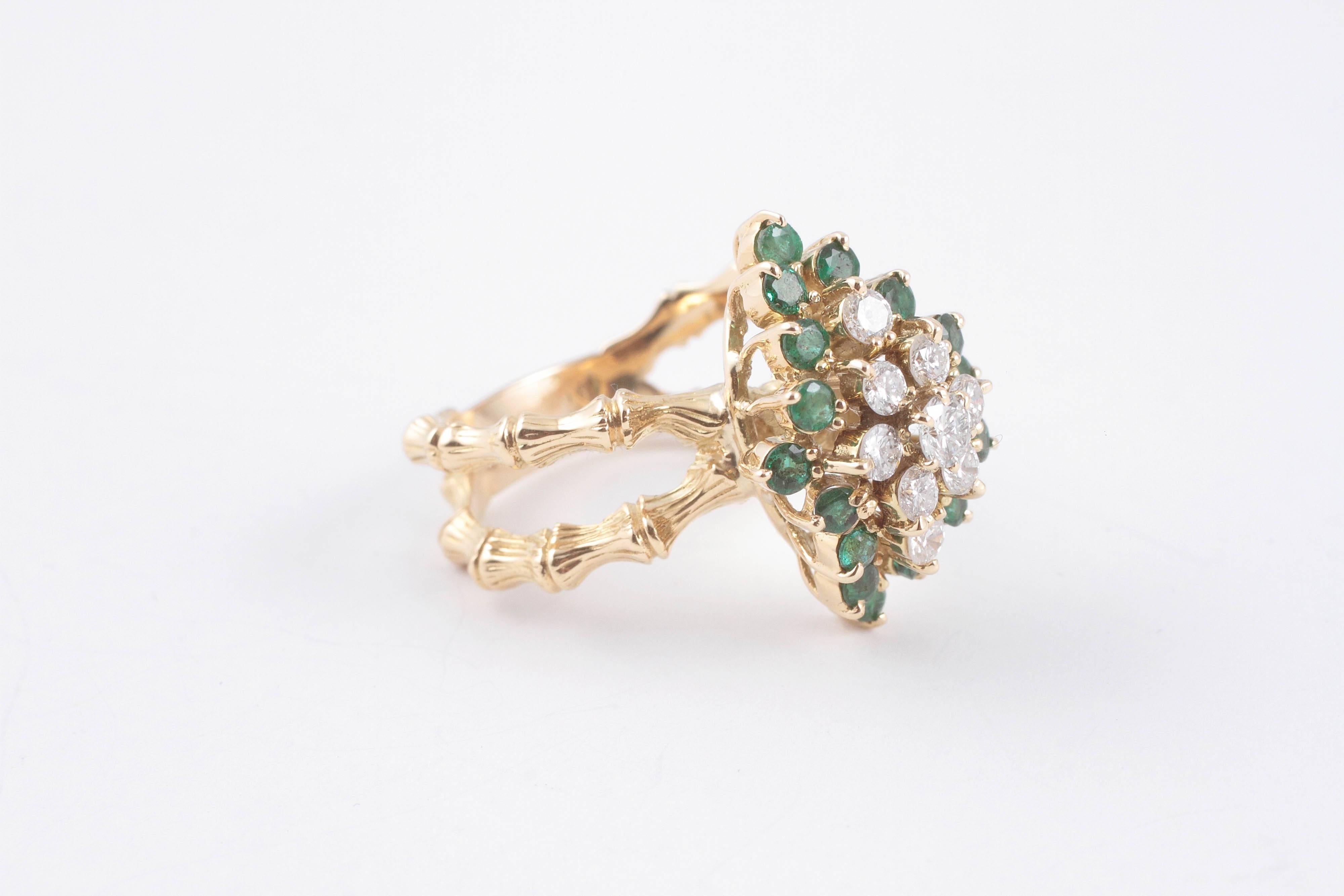 Emerald Diamond Gold Bamboo Style Ring 3