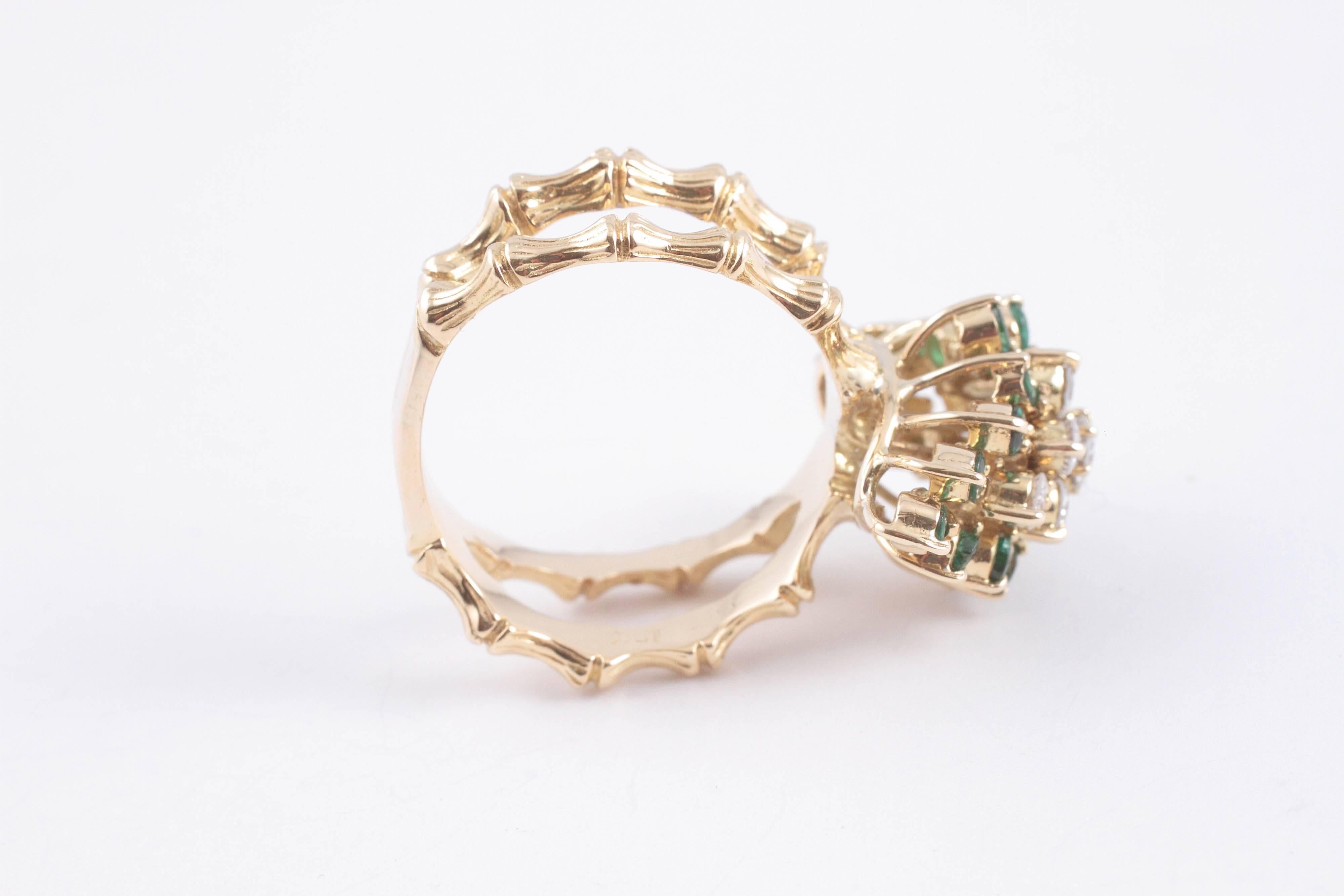 Emerald Diamond Gold Bamboo Style Ring 4