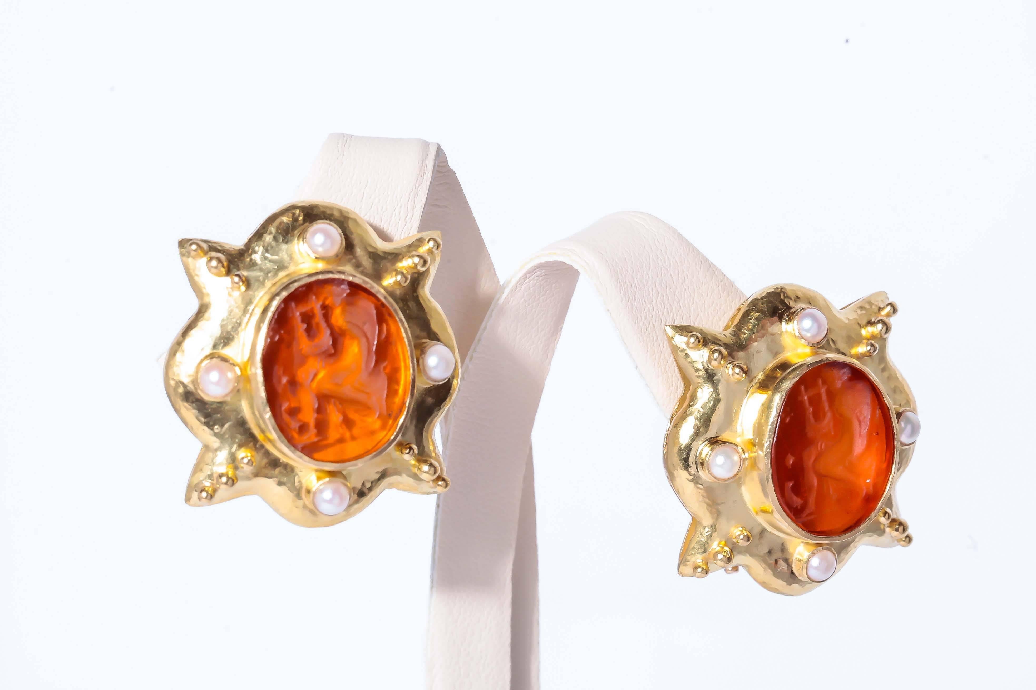 Elizabeth Locke intaglio coral venetian glass pearl 18karat yellow gold  pierced convertible back earrings (post folds down). 