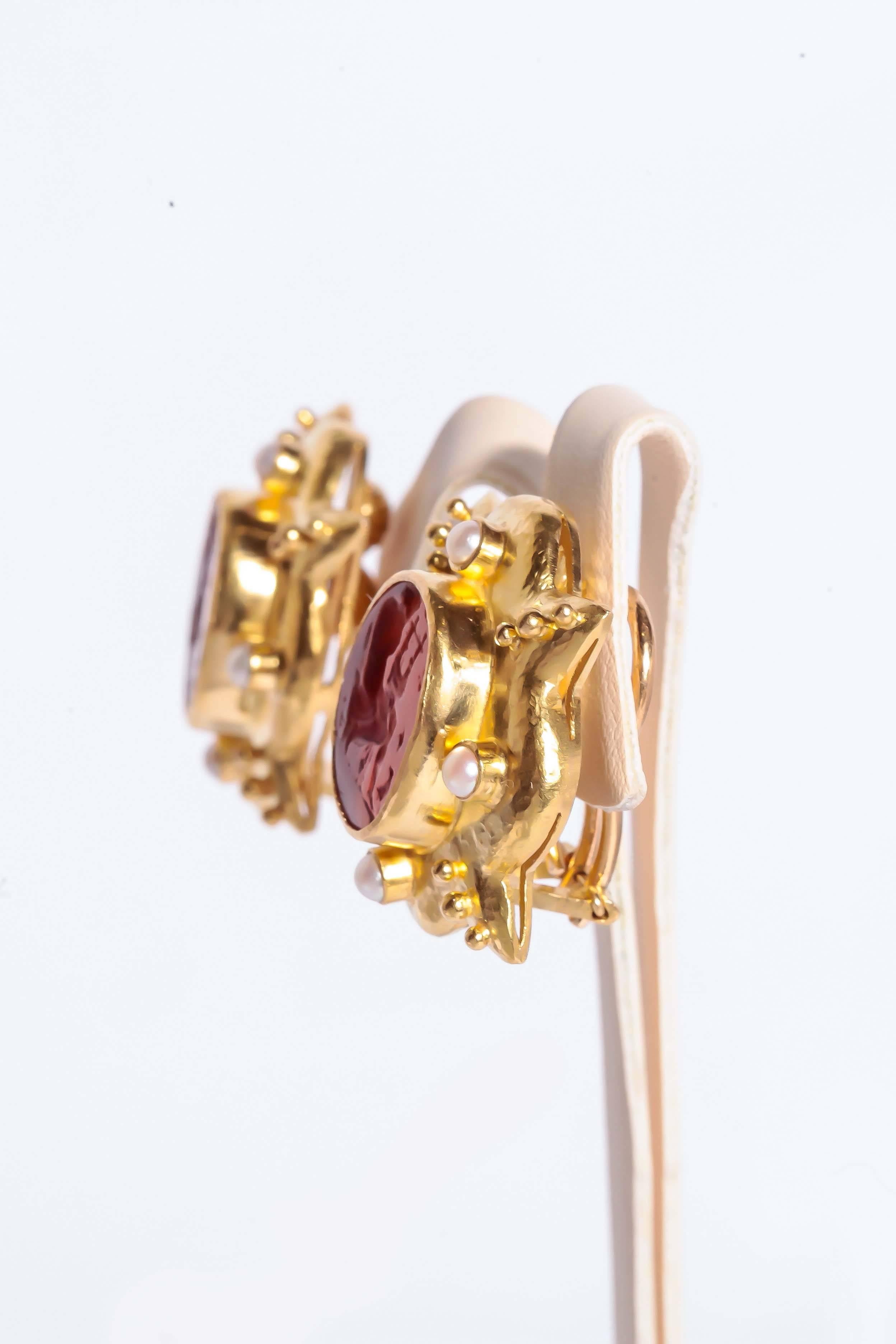 Etruscan Revival Elizabeth Locke Intaglio Coral Pearl Gold Earrings For Sale