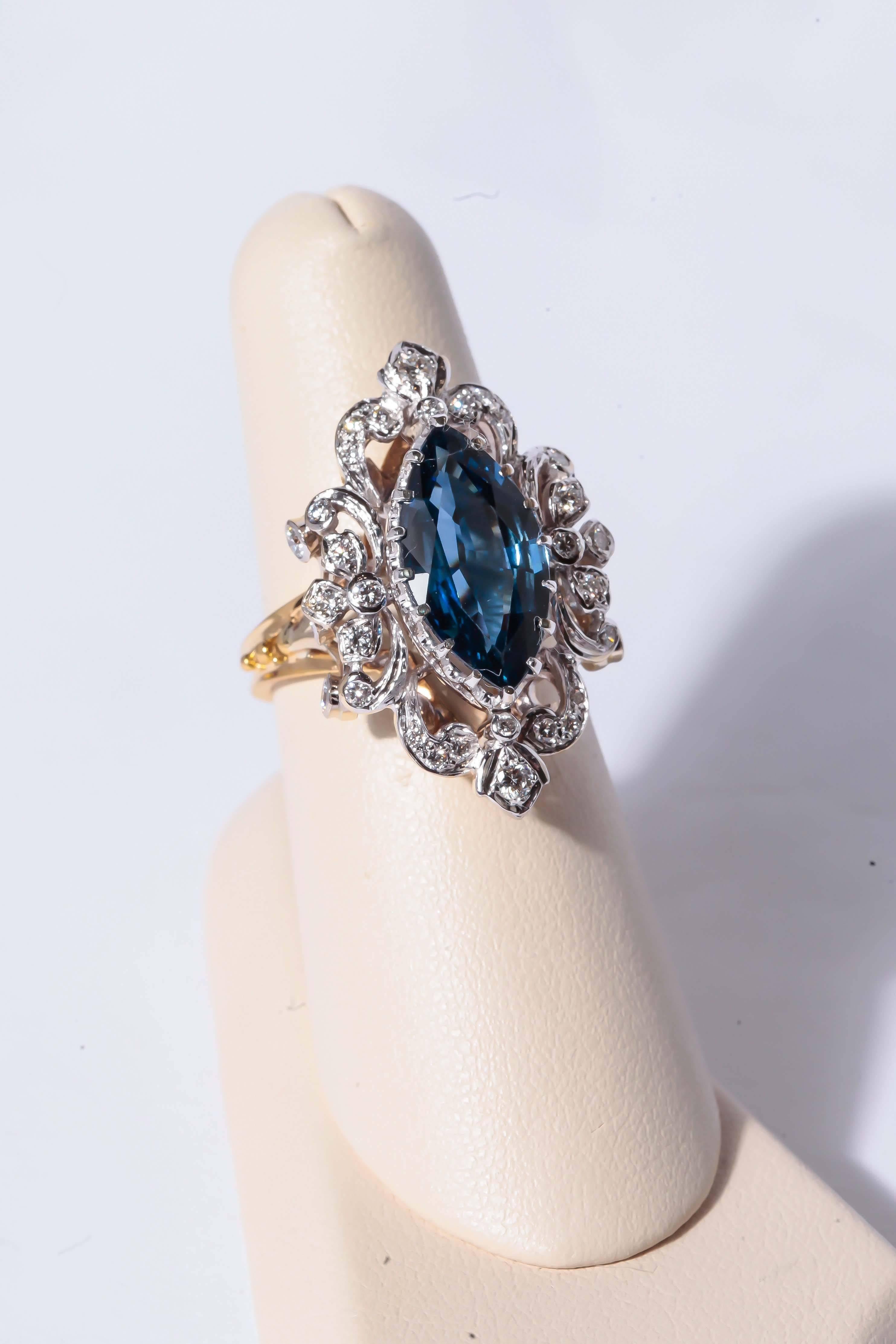 Marquise Cut Sapphire Diamond Two Color Gold Ring For Sale