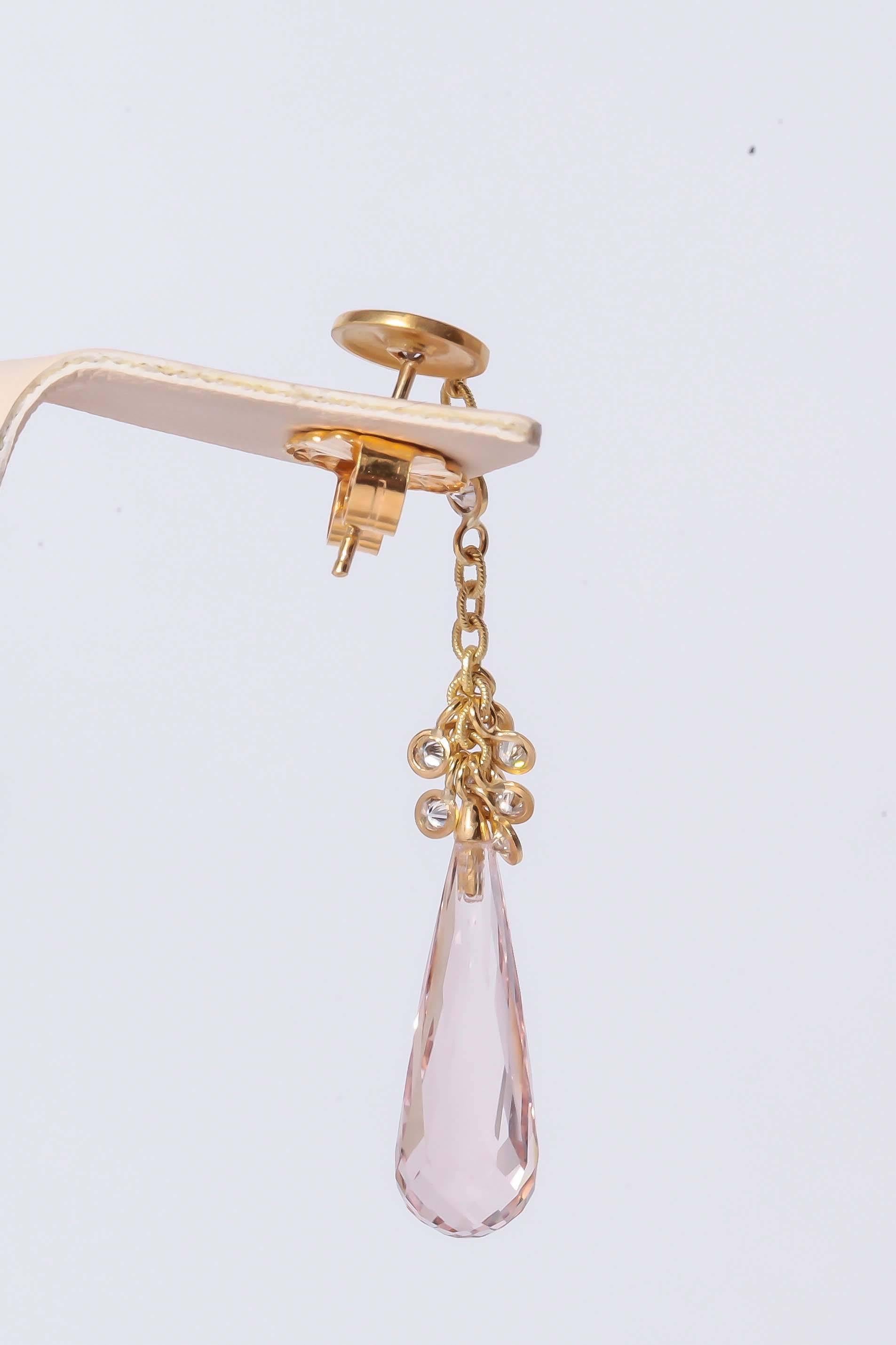Contemporary Susan Sadler Morganite Diamond Gold Drop Earrings For Sale