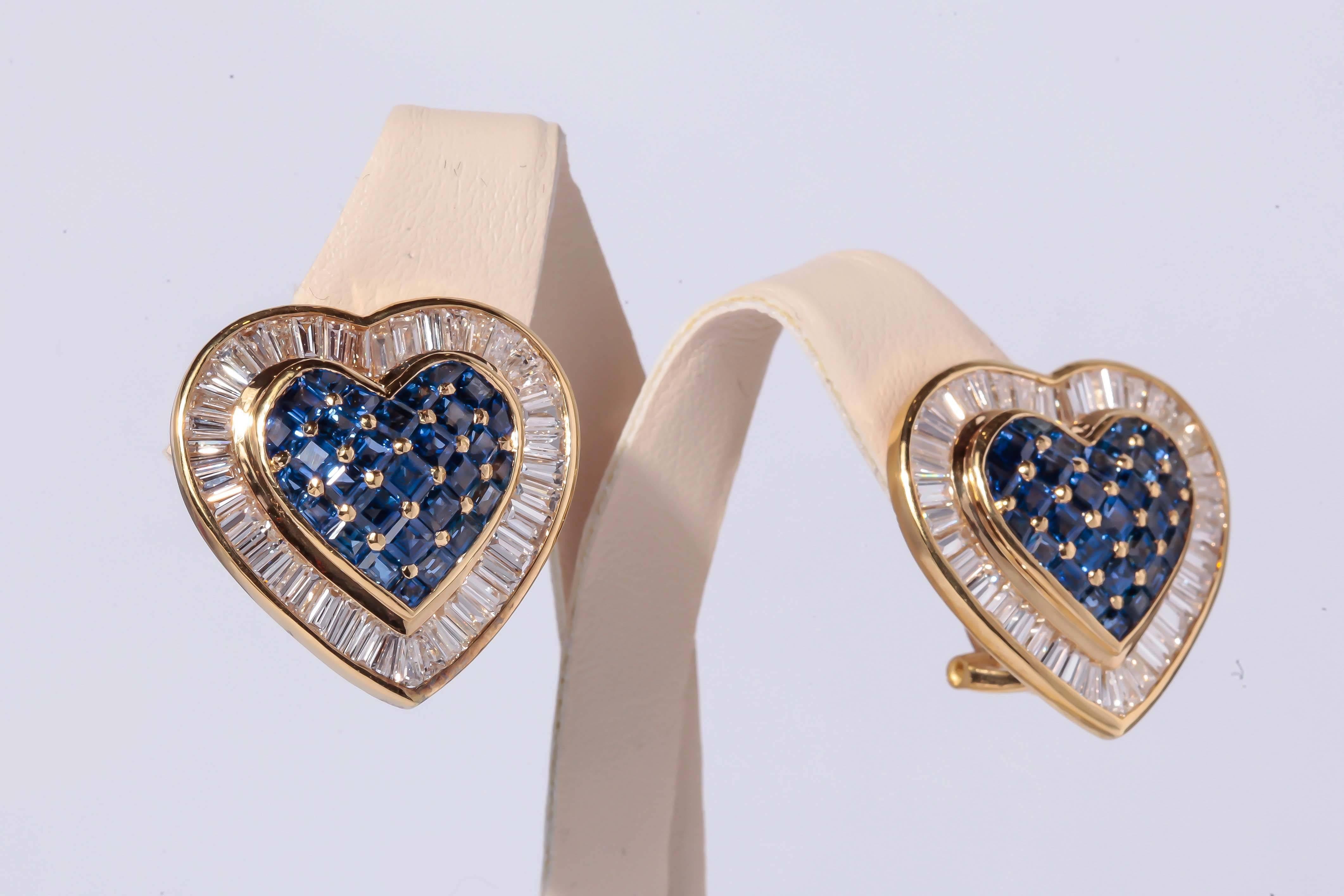 Women's Heart Sapphire Diamond Gold Earrings For Sale