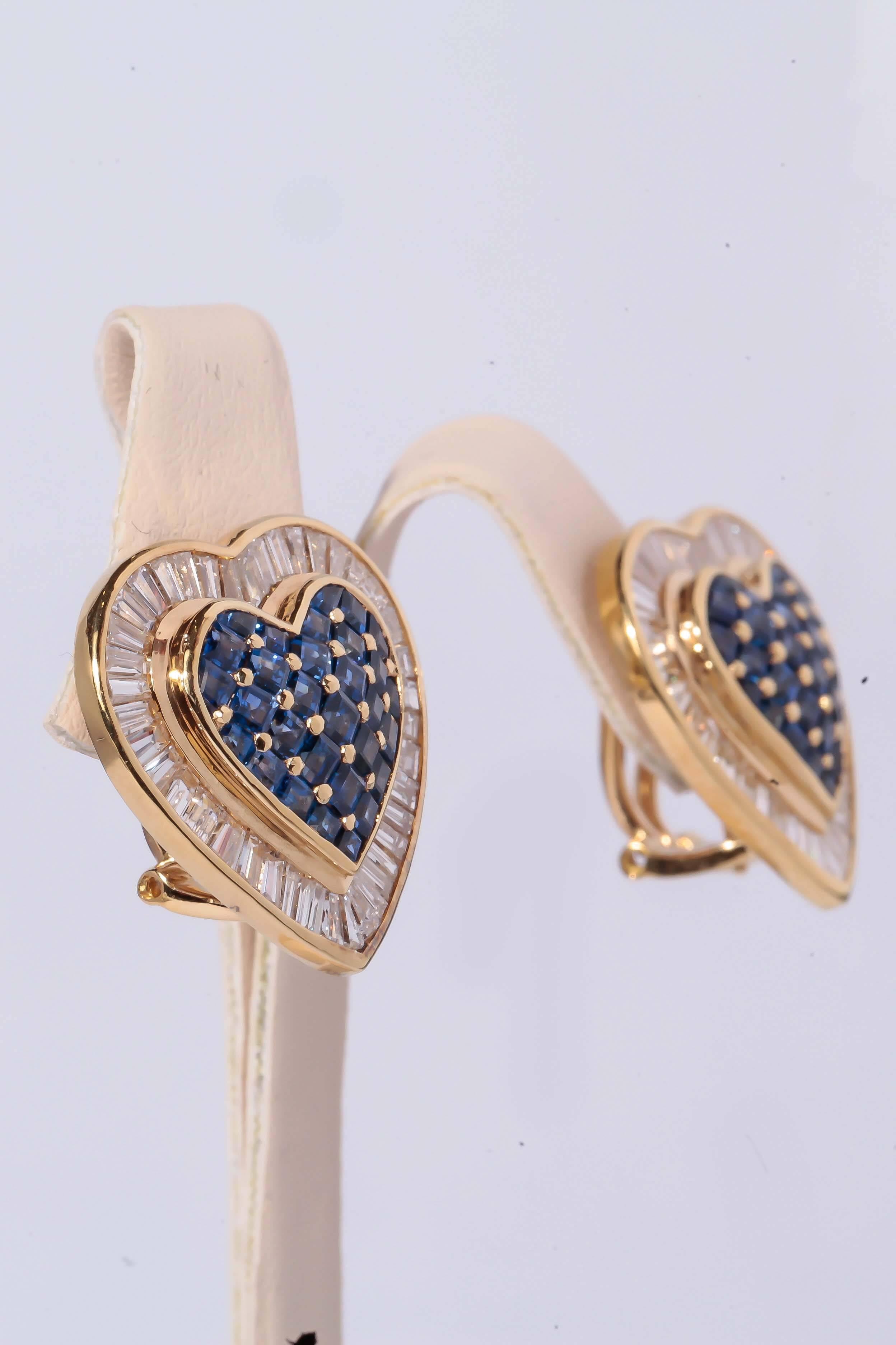 Heart Sapphire Diamond Gold Earrings For Sale 2