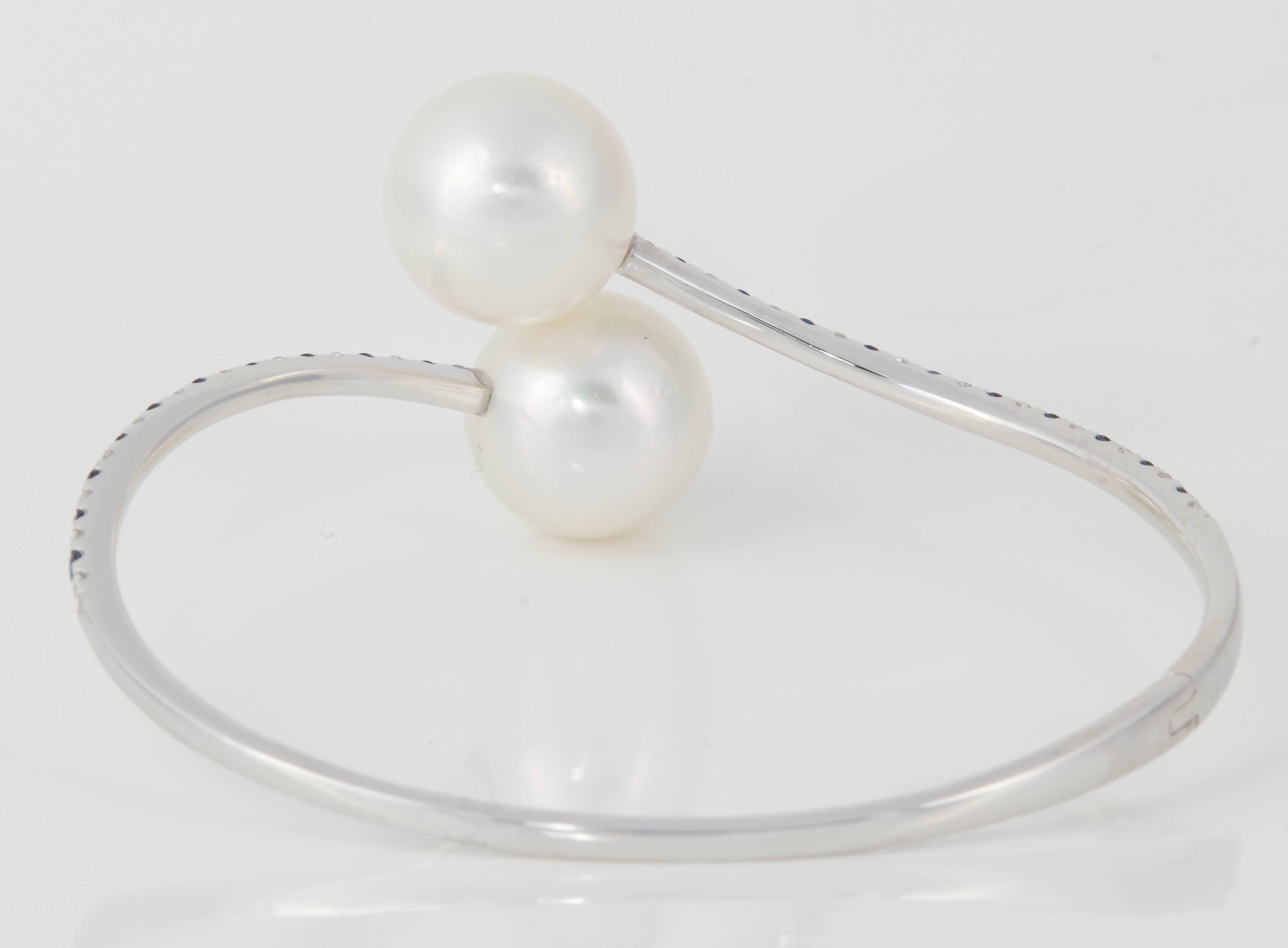 Contemporary South Sea Pearl Diamond and Sapphire Bypass Bangle Bracelet 1.10 Carat 18 Karat For Sale