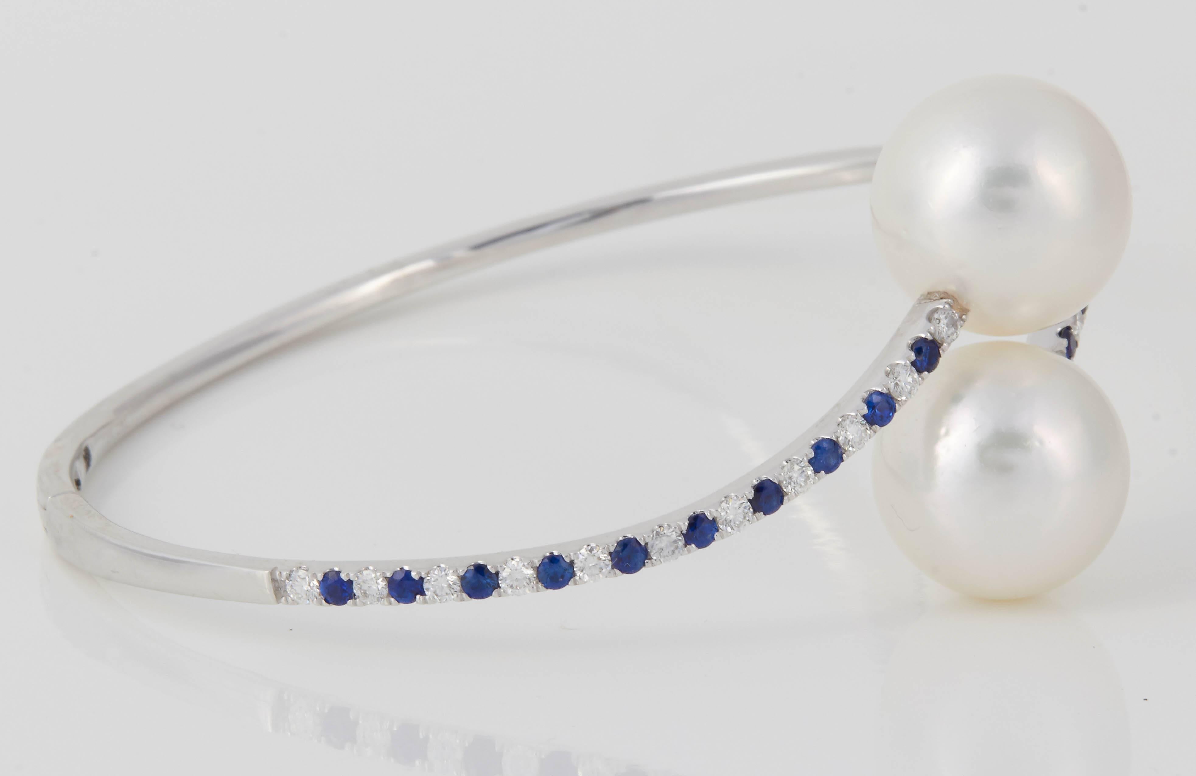 Round Cut South Sea Pearl Diamond and Sapphire Bypass Bangle Bracelet 1.10 Carat 18 Karat For Sale