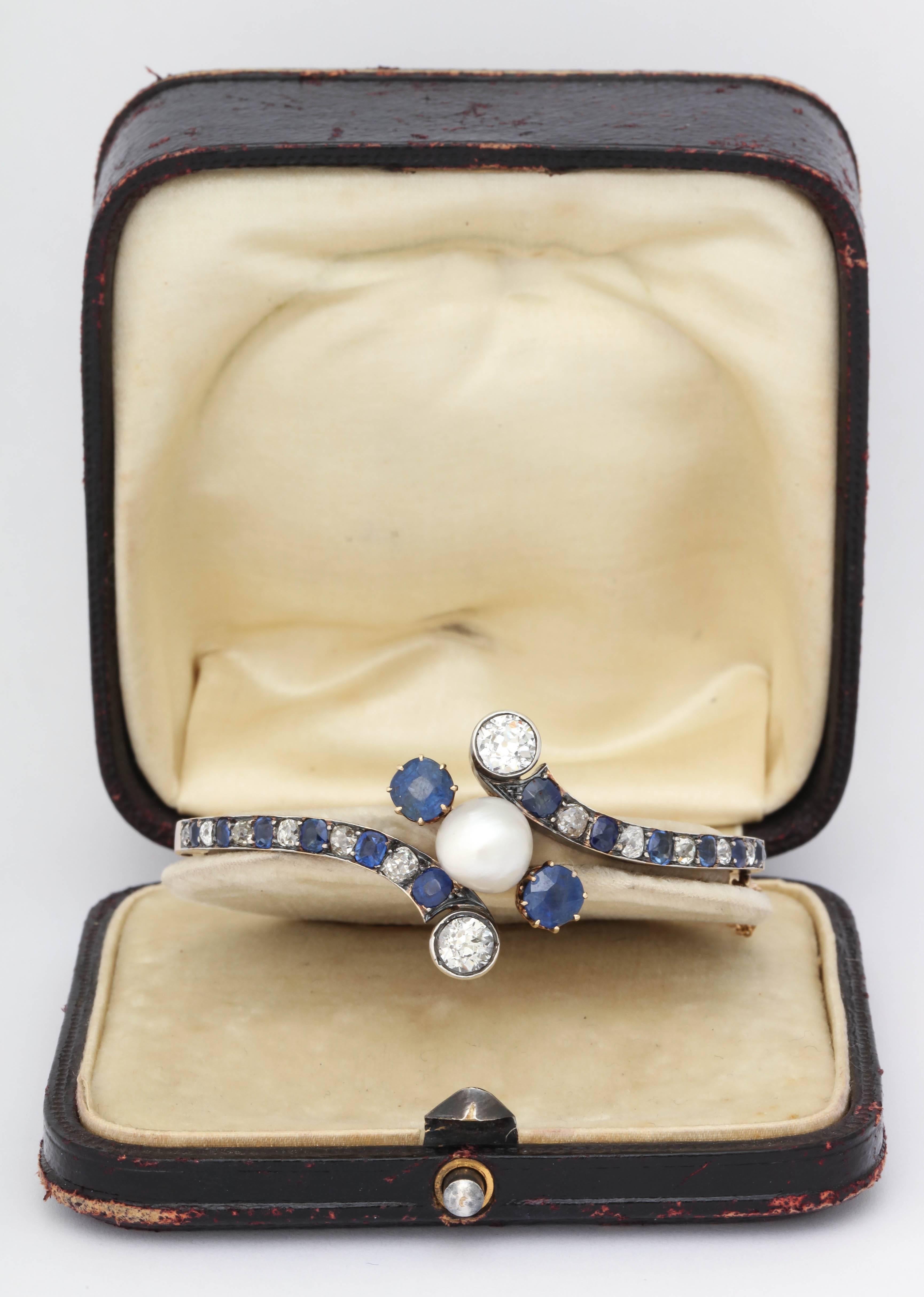 Victorian Natural Pearl Sapphire Diamond Gold Bracelet  In Excellent Condition For Sale In New York, NY
