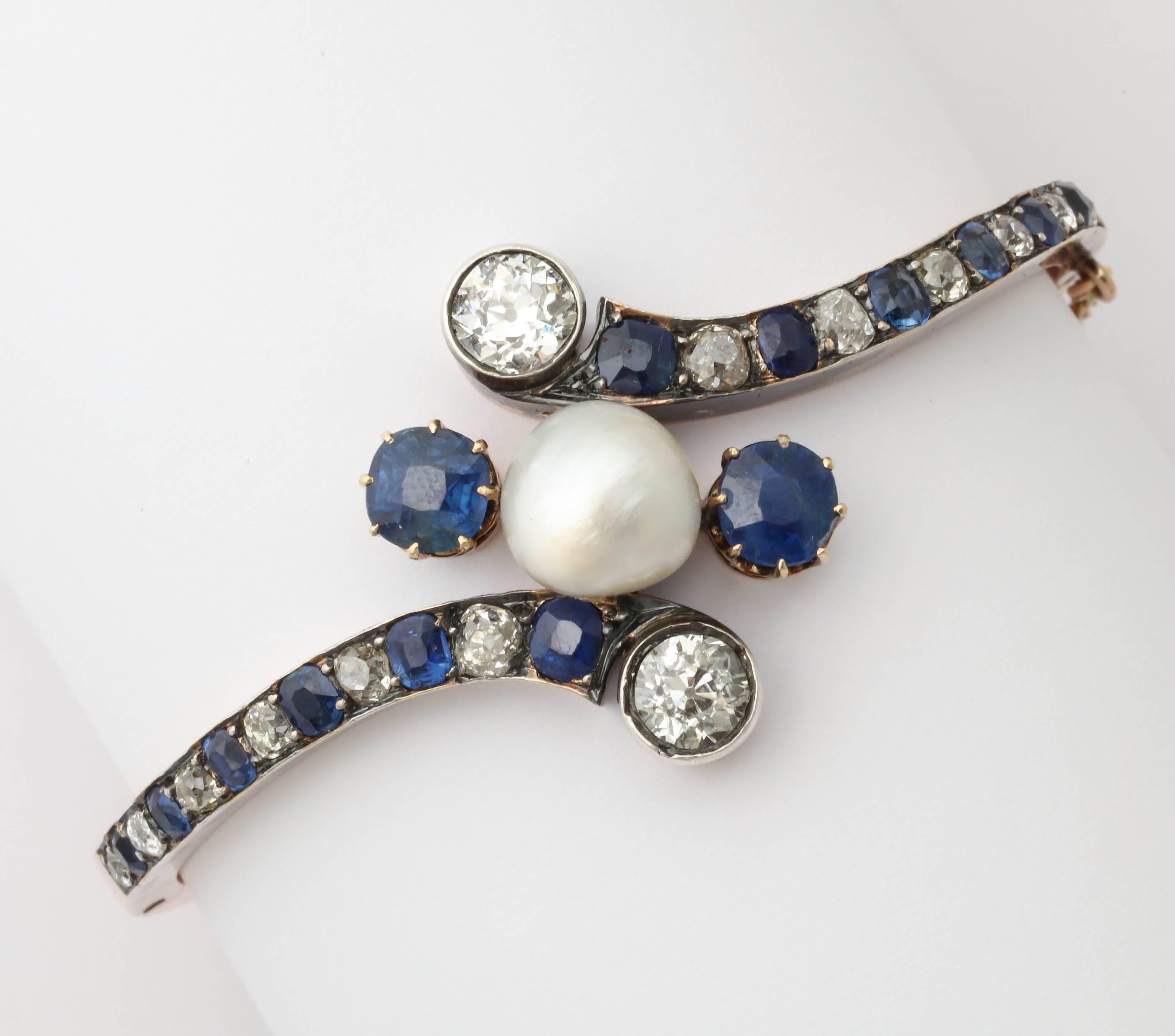 Victorian Natural Pearl Sapphire Diamond Gold Bracelet  For Sale 1