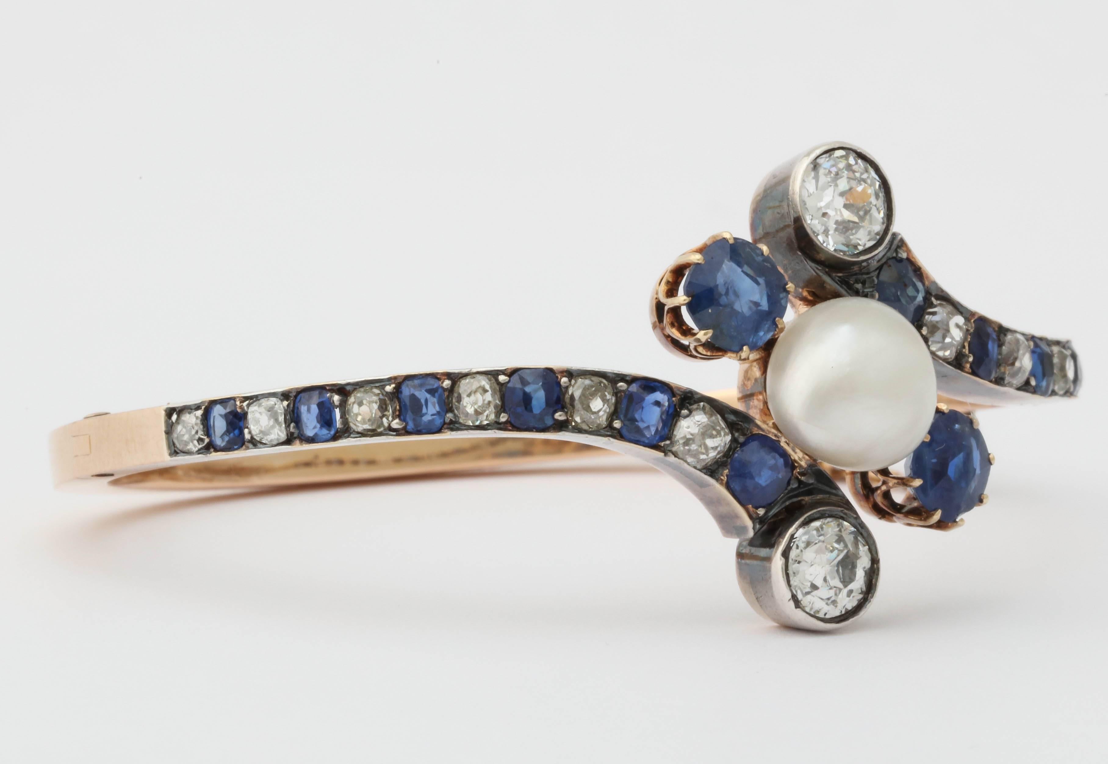 Victorian Natural Pearl Sapphire Diamond Gold Bracelet  For Sale 2