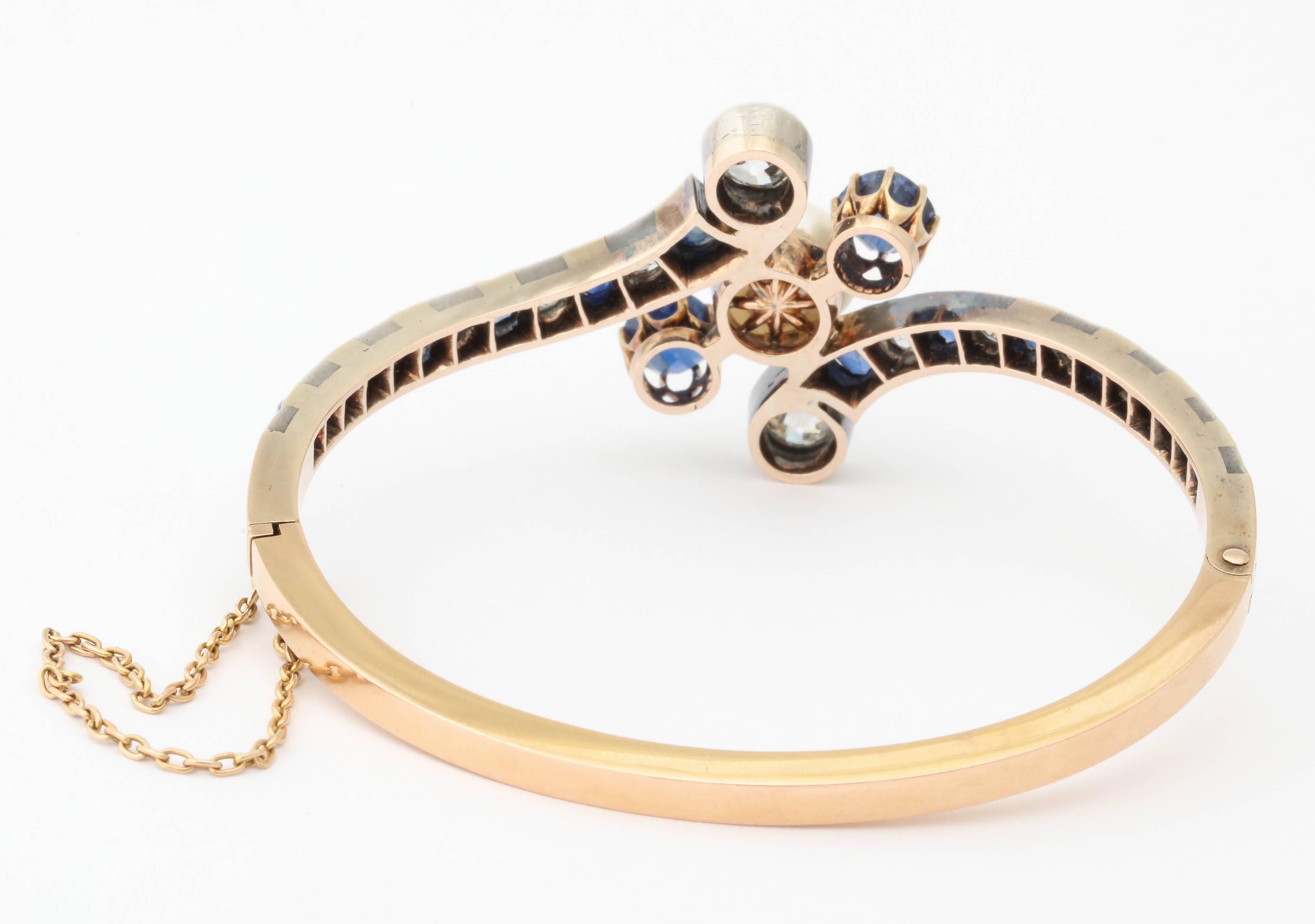 Victorian Natural Pearl Sapphire Diamond Gold Bracelet  For Sale 3