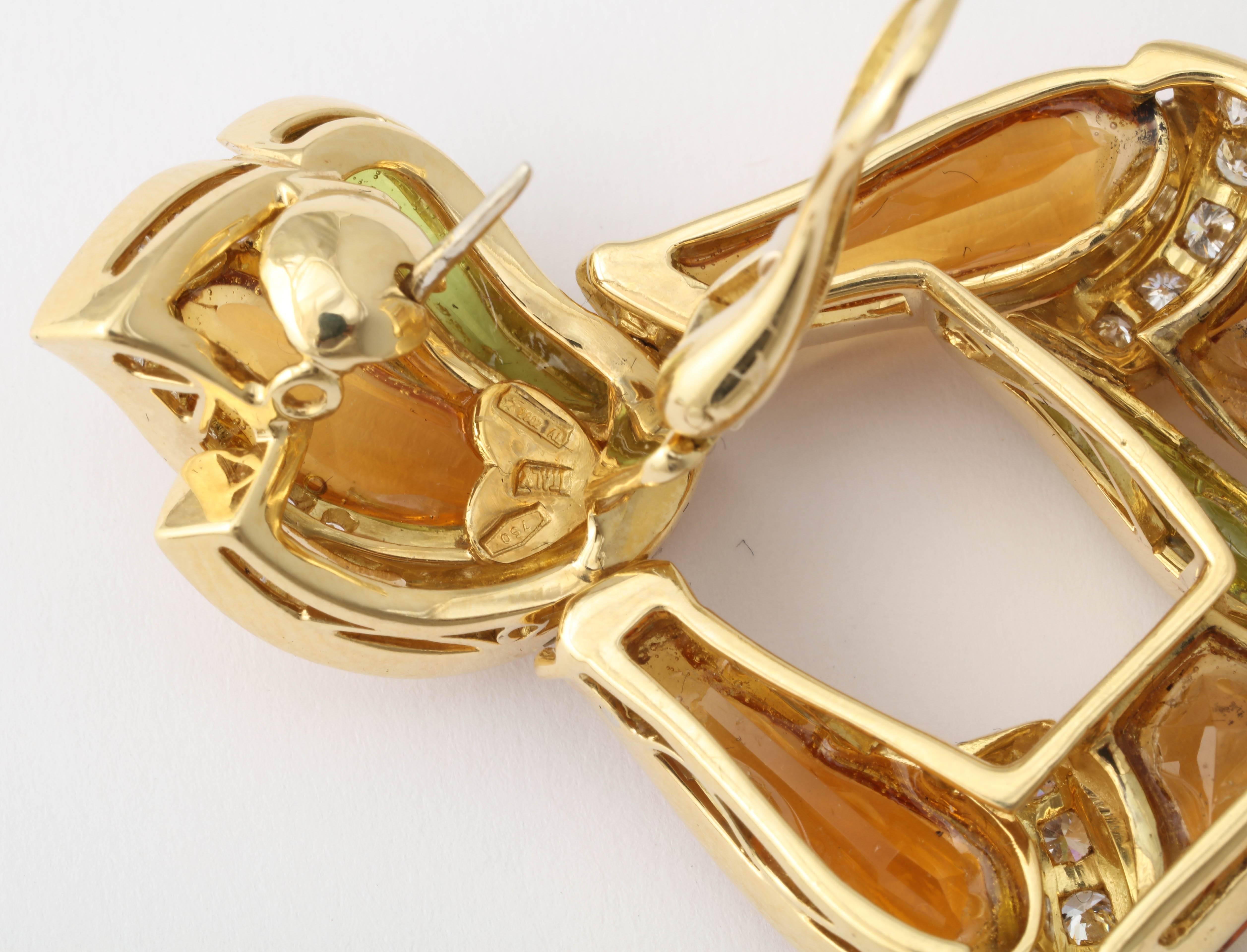 Women's Citrine Peridot Diamond Gold Drop Earrings