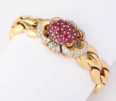 Tissot Lady's Yellow Gold Diamond Ruby Bracelet Wristwatch