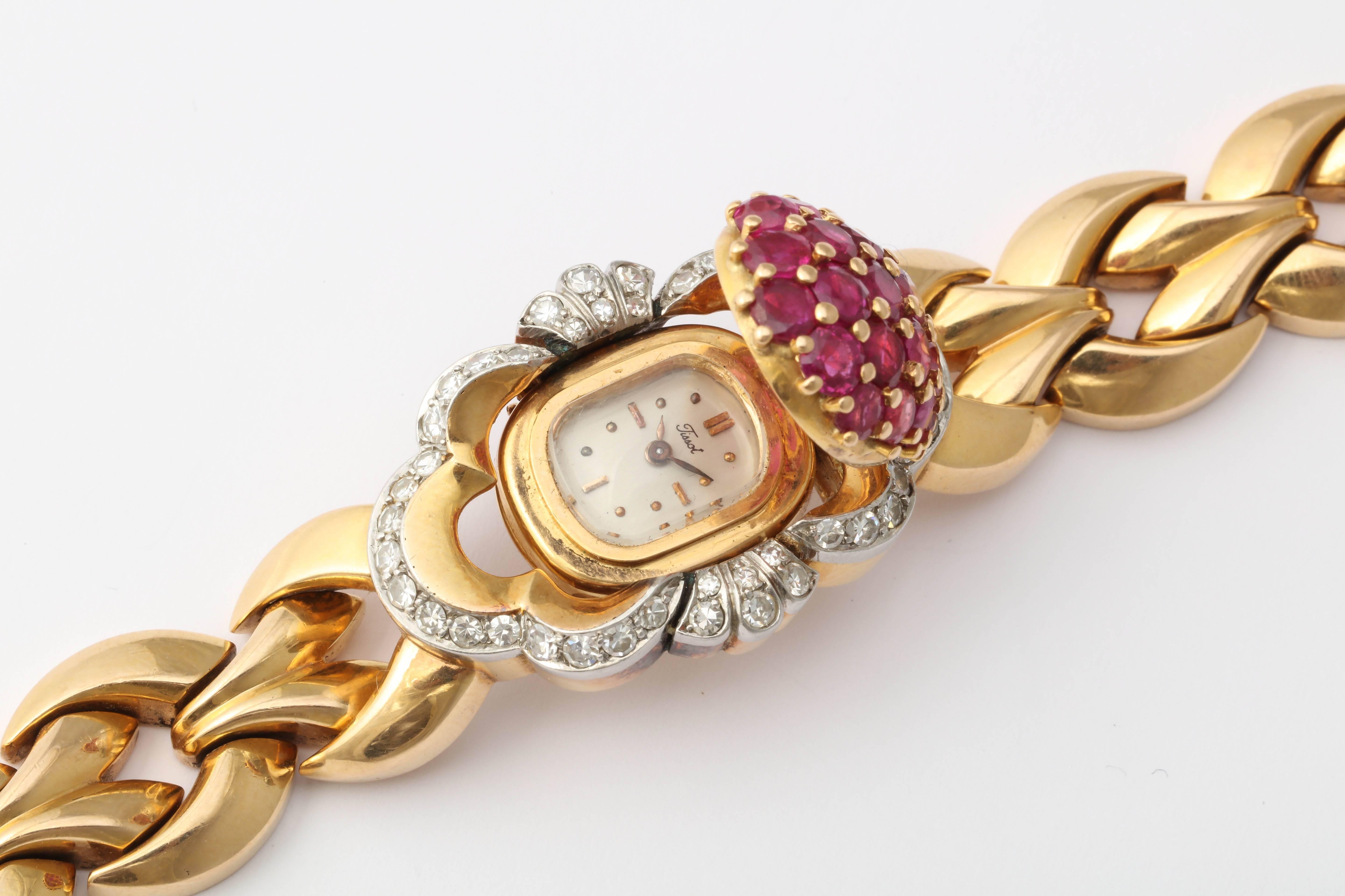 Tissot Lady's Yellow Gold Diamond Ruby Bracelet Wristwatch 3