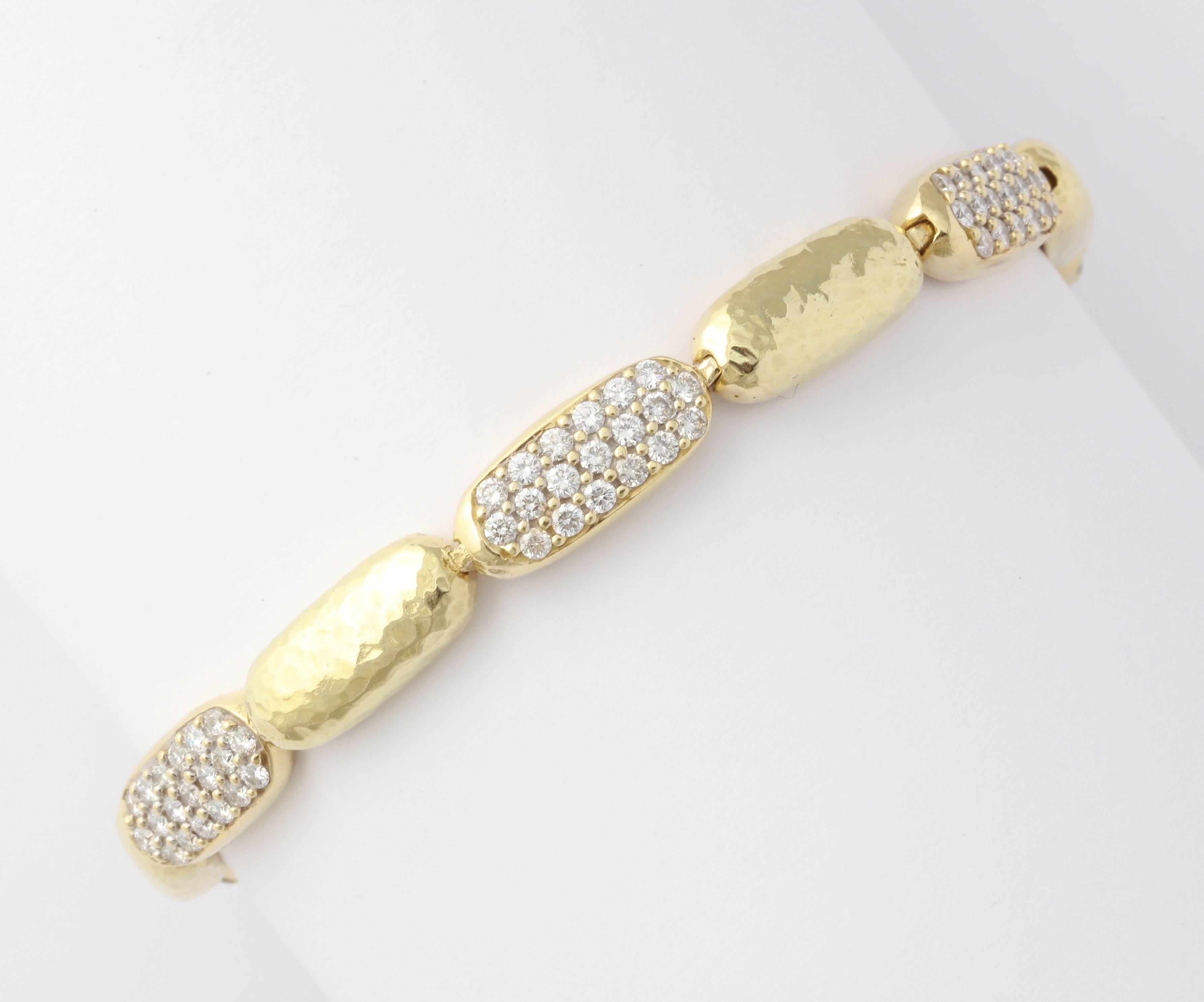 Modern Diamond Hammered Gold Oval Bead Bracelet For Sale