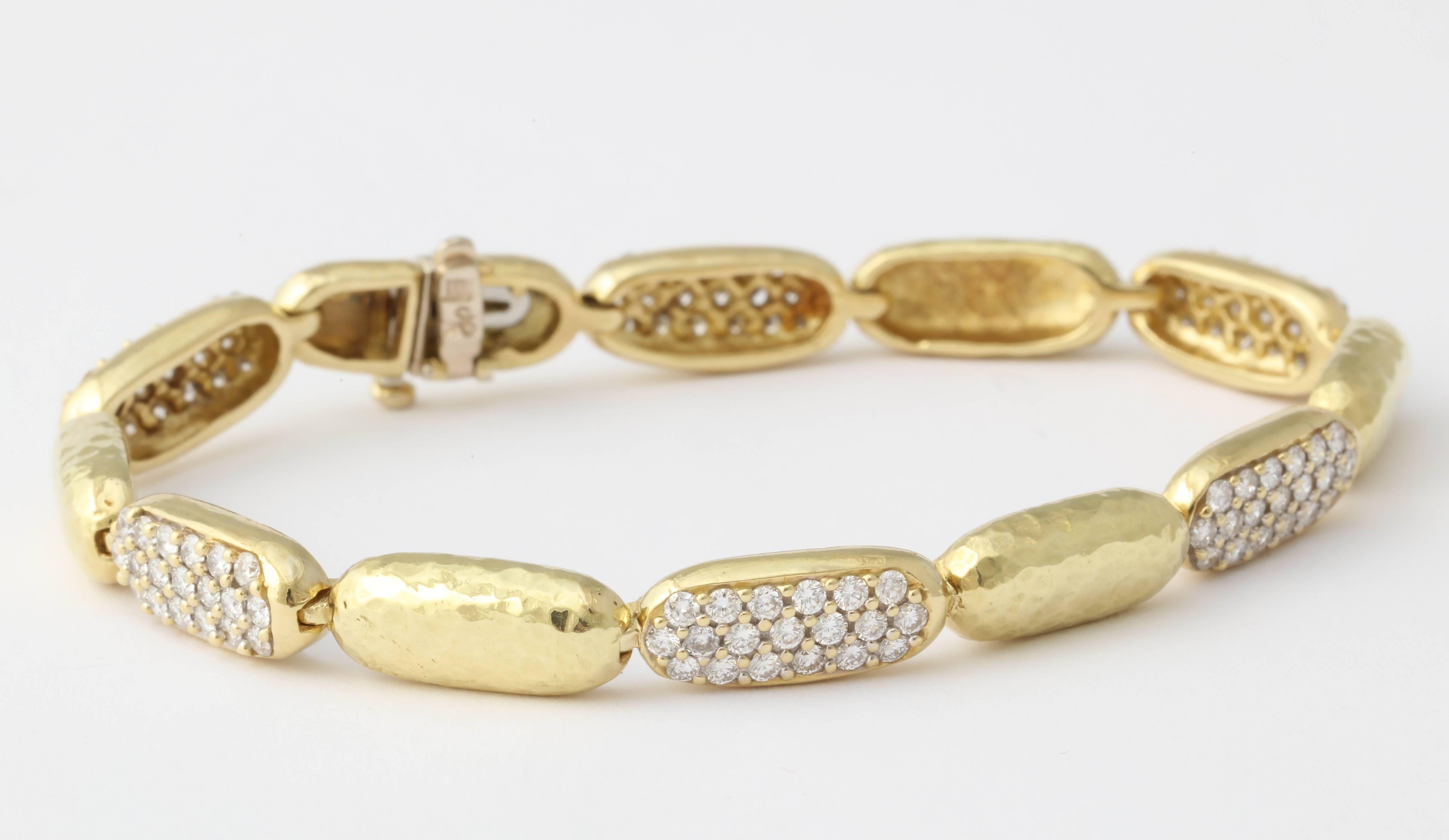 Women's Diamond Hammered Gold Oval Bead Bracelet For Sale