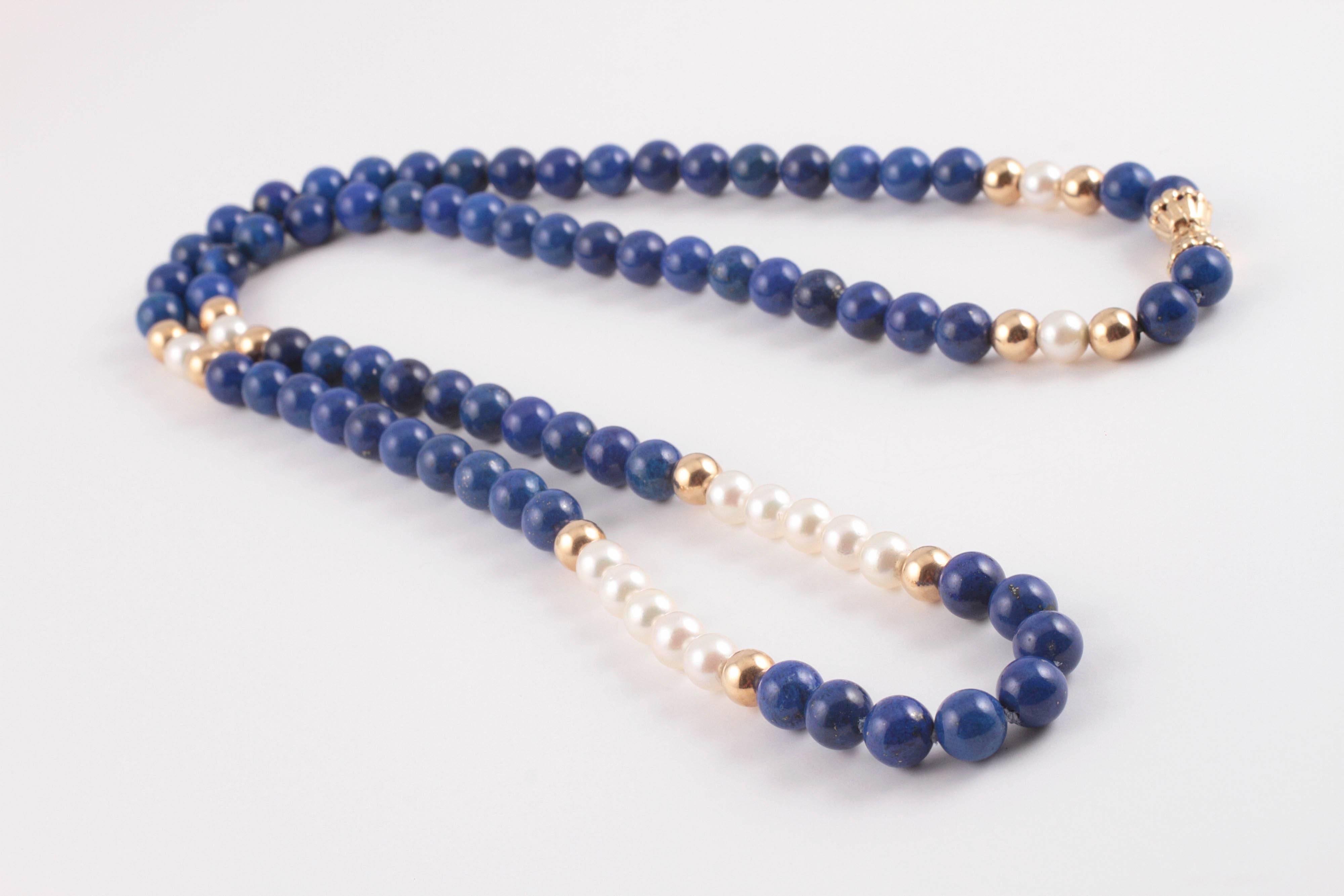 Lapis Lazuli Pearl Gold Necklace In Excellent Condition In Dallas, TX