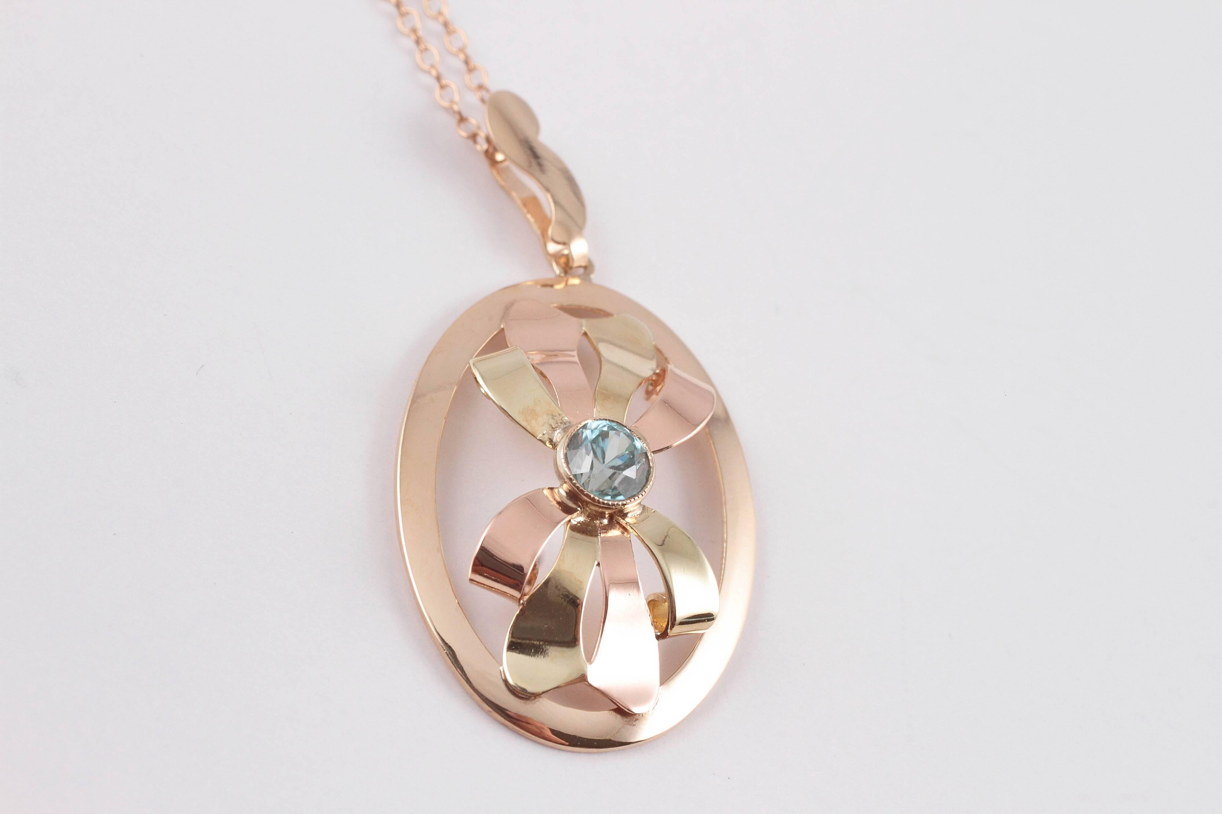 Retro Yellow gold and Natural Zircon Pendant with Chain 2