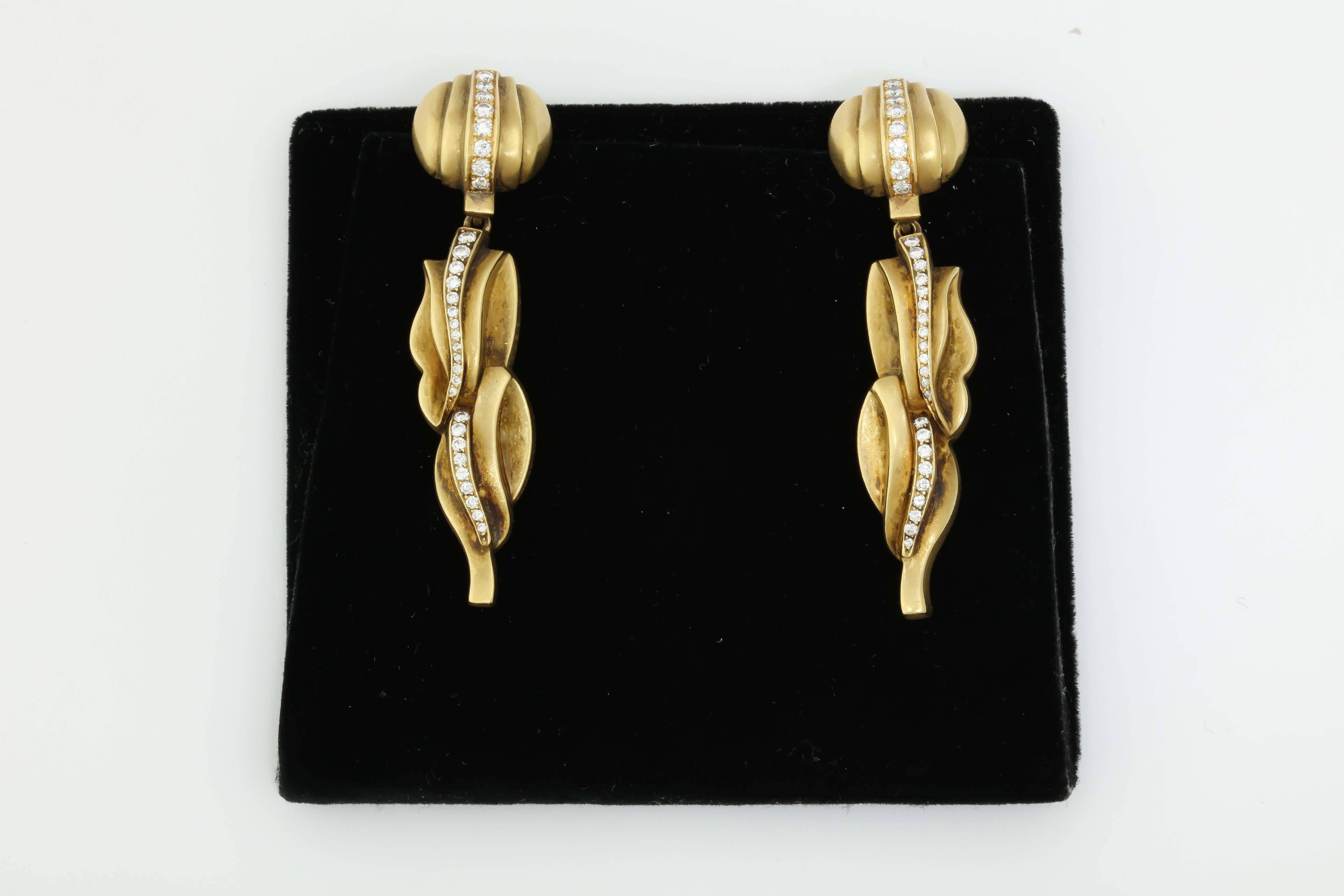 18kt Matte Gold & Diamonds Barry Kieselstein - Cord Hanging Earrings Embellished With Approximately 2 Carats Of High Quality Full Cut Diamonds And Designed With a Wavy Textured Gold Pattern. Earrings Are Clip-On Backs Note: Posts May Be Added For