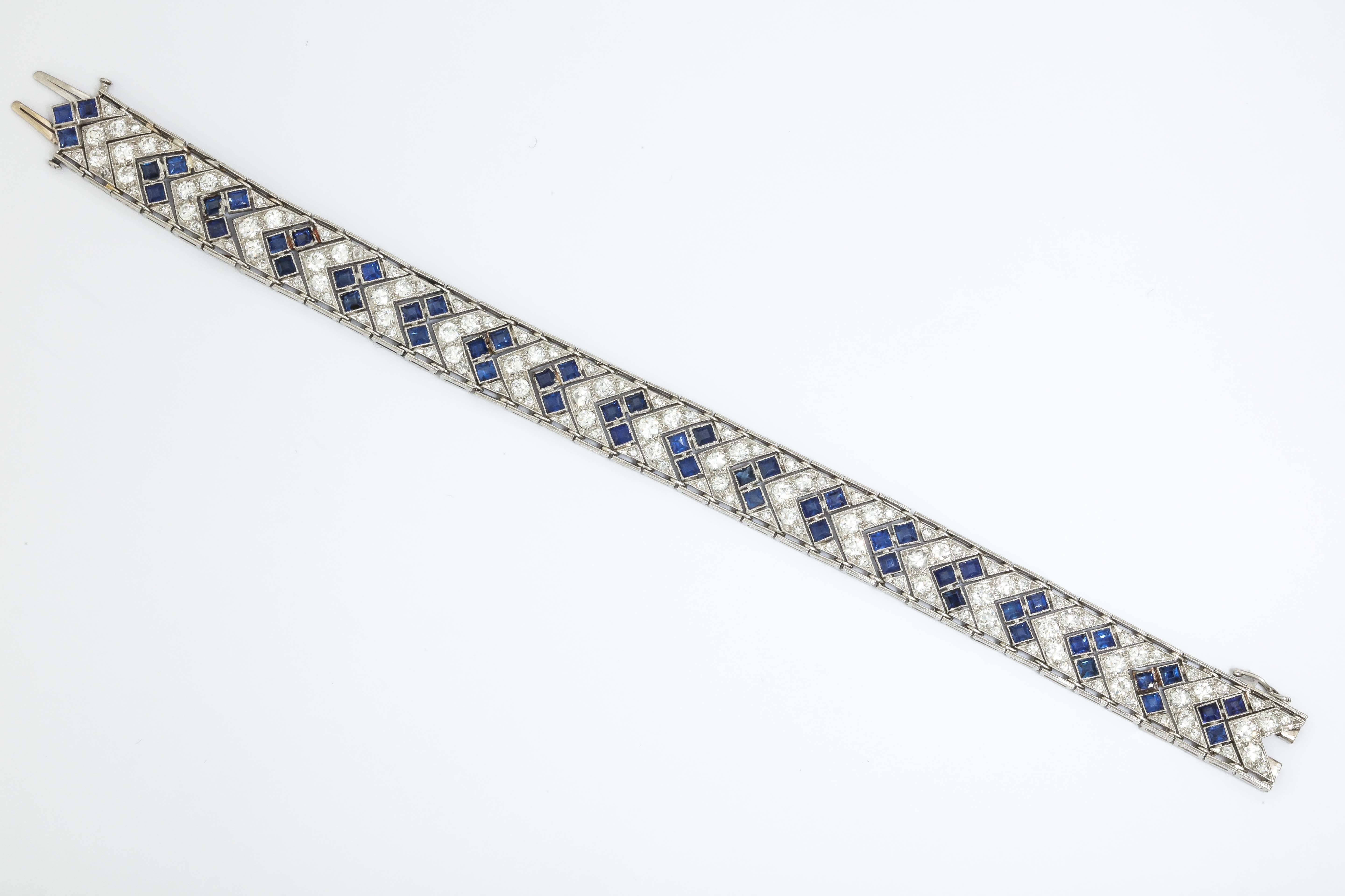Women's 1920s Art Deco French Cut Sapphire Diamond Platinum Flexible Bracelet