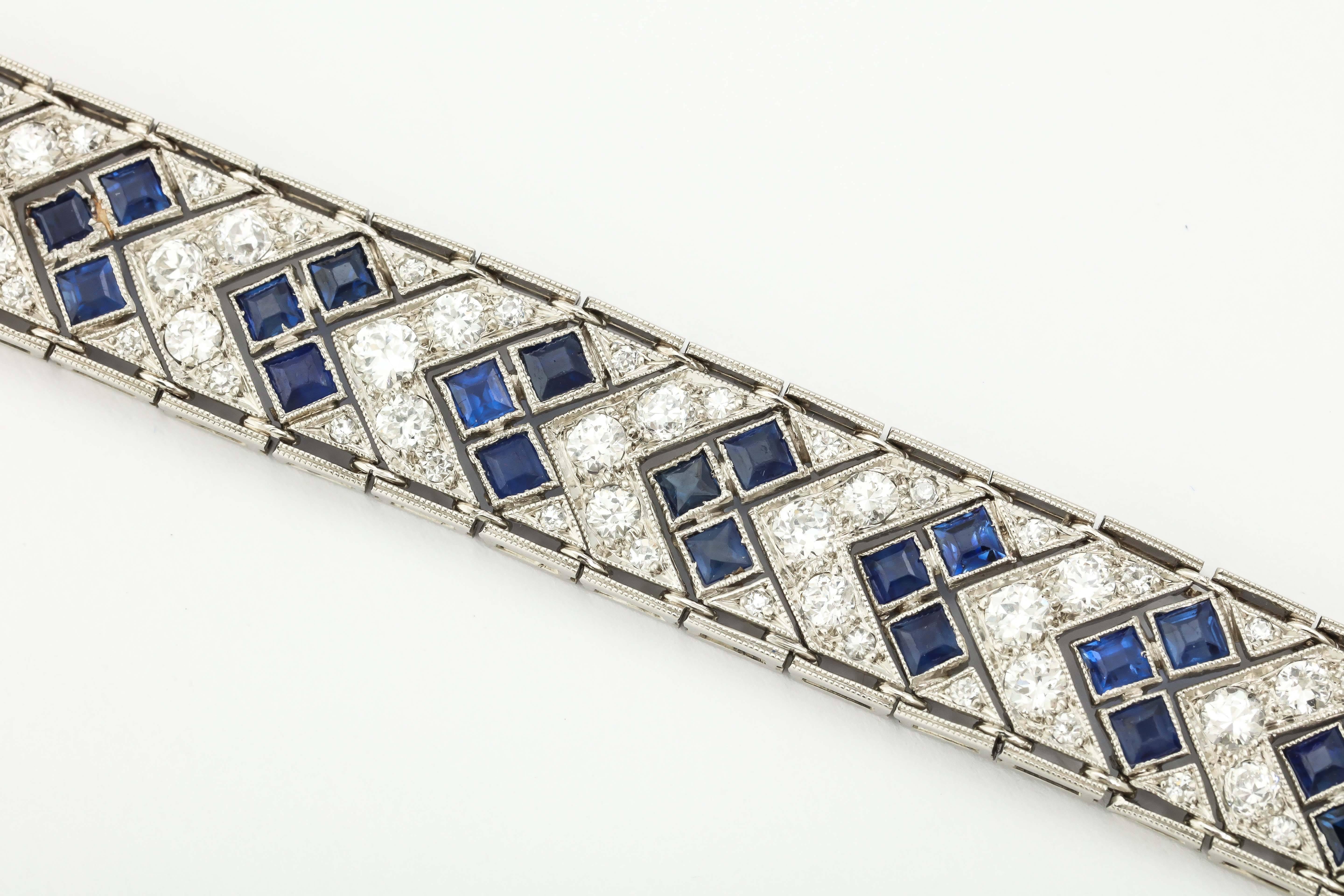 1920s Art Deco French Cut Sapphire Diamond Platinum Flexible Bracelet 1