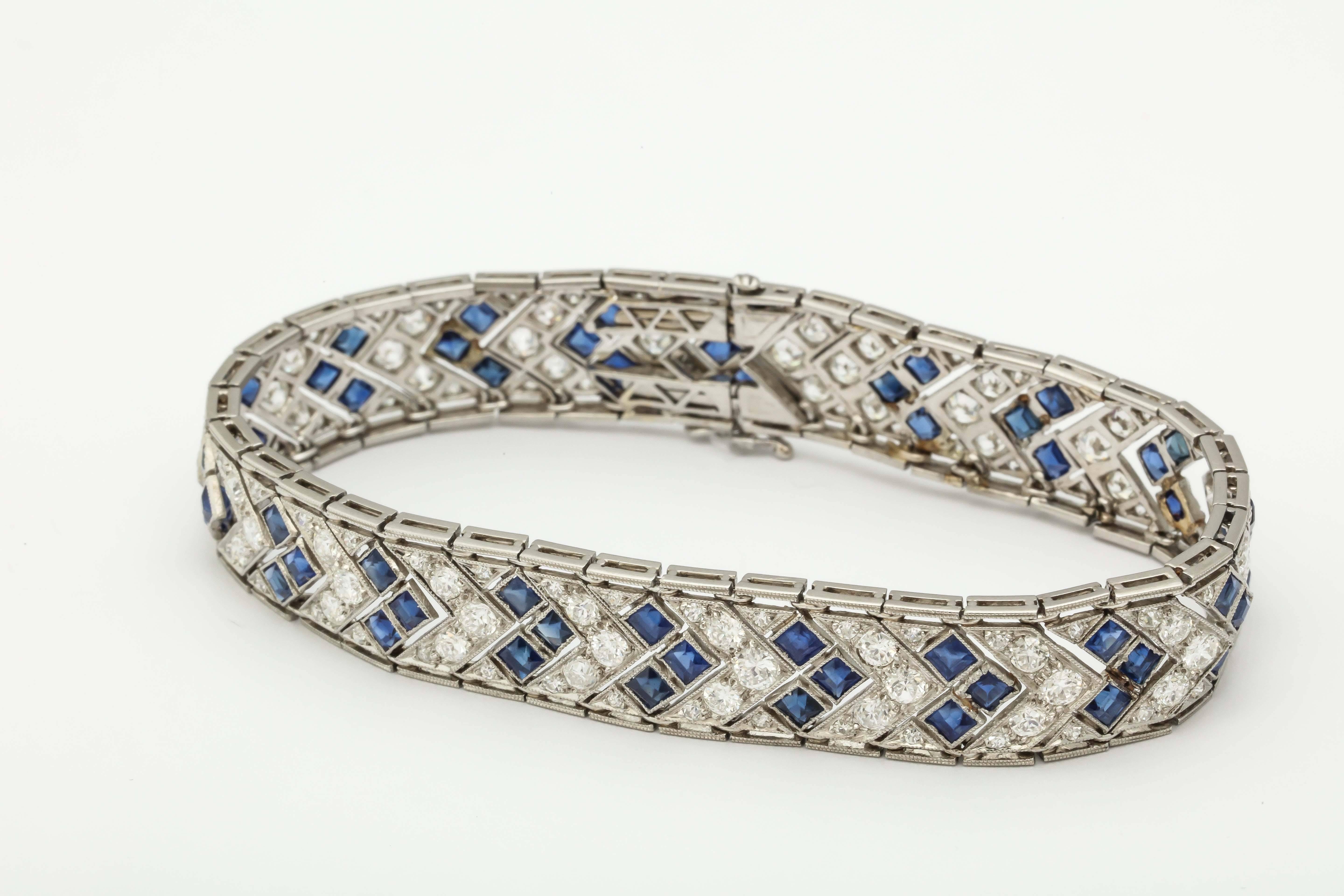 1920s Art Deco French Cut Sapphire Diamond Platinum Flexible Bracelet 3