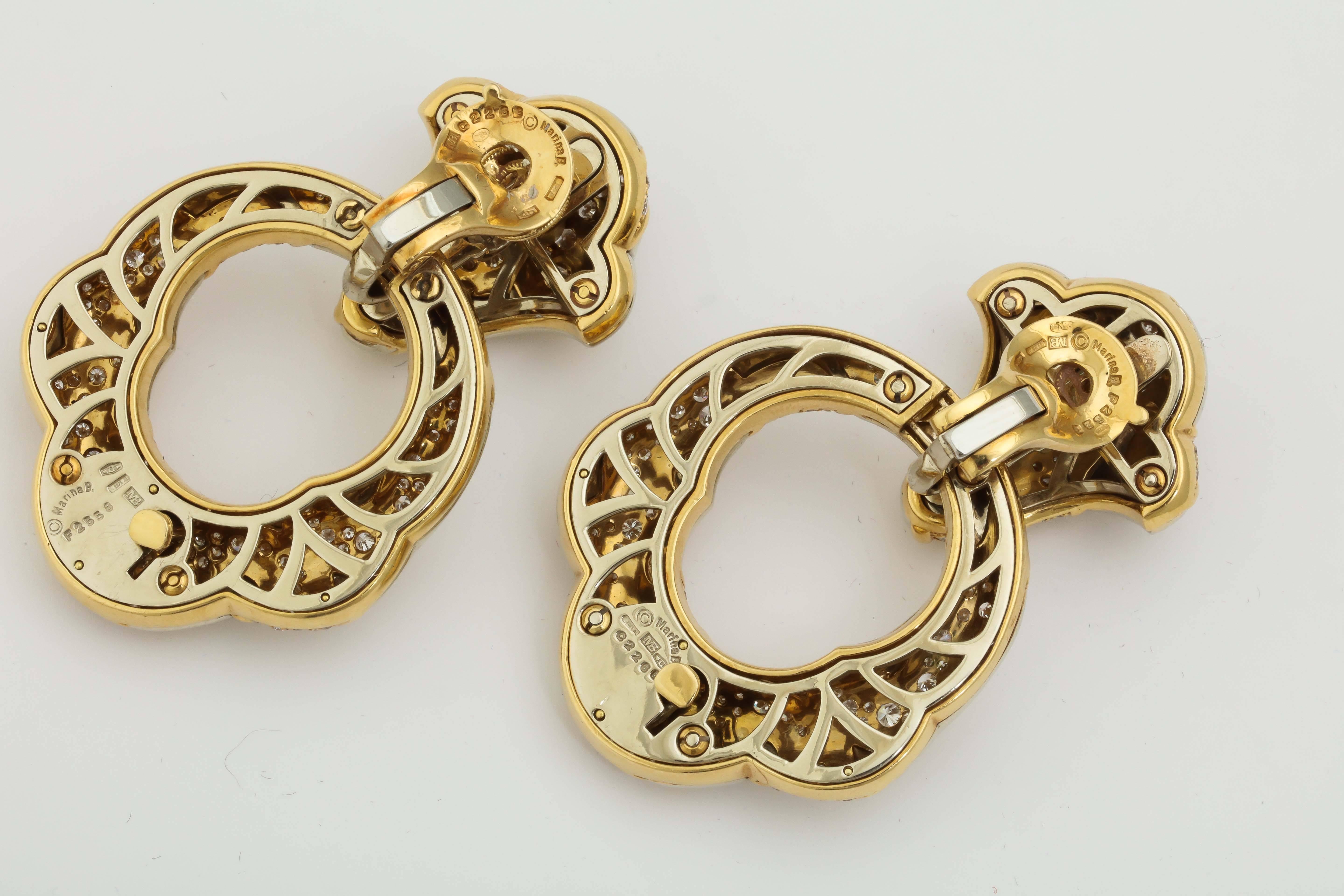 1980s Marina B Diamond Two Color Gold Convertible Doorknocker Earrings In Excellent Condition In New York, NY
