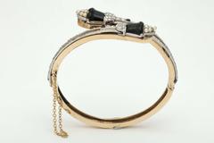 Edwardian Onyx Pearl Diamond Gold Platinum Crossover Bangle Bracelet