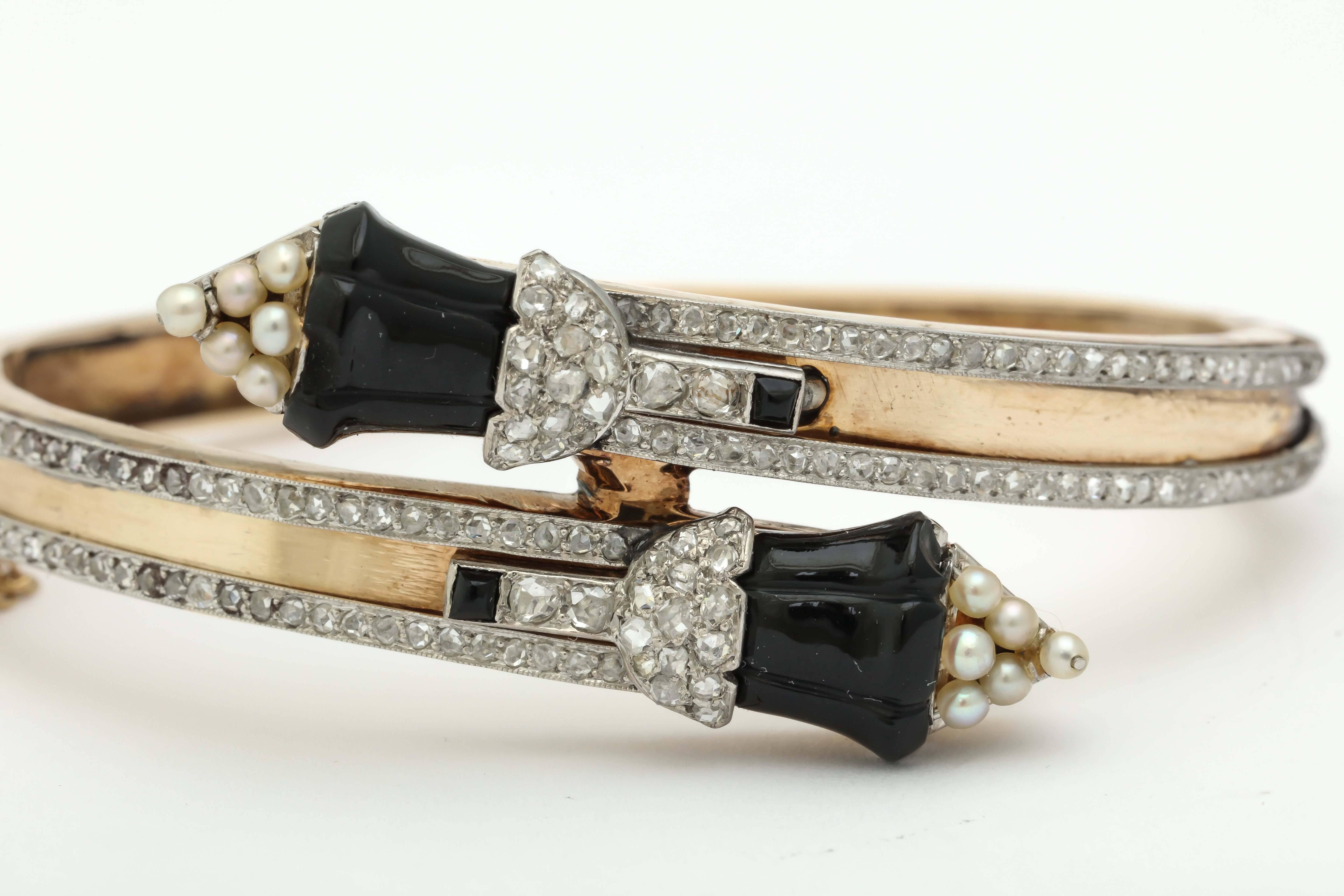 Women's Edwardian Onyx Pearl Diamond Gold Platinum Crossover Bangle Bracelet For Sale