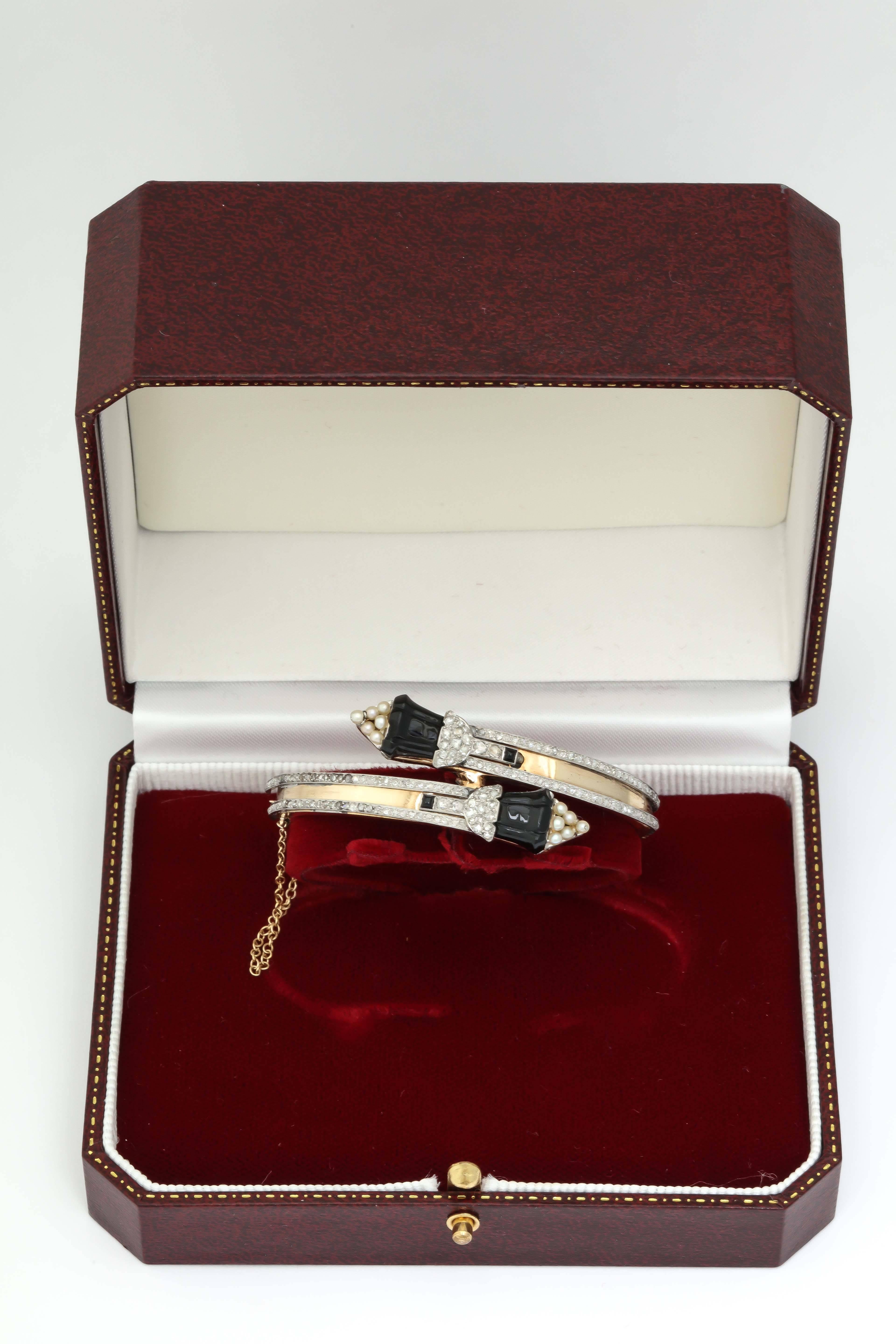 Edwardian Onyx Pearl Diamond Gold Platinum Crossover Bangle Bracelet For Sale 2