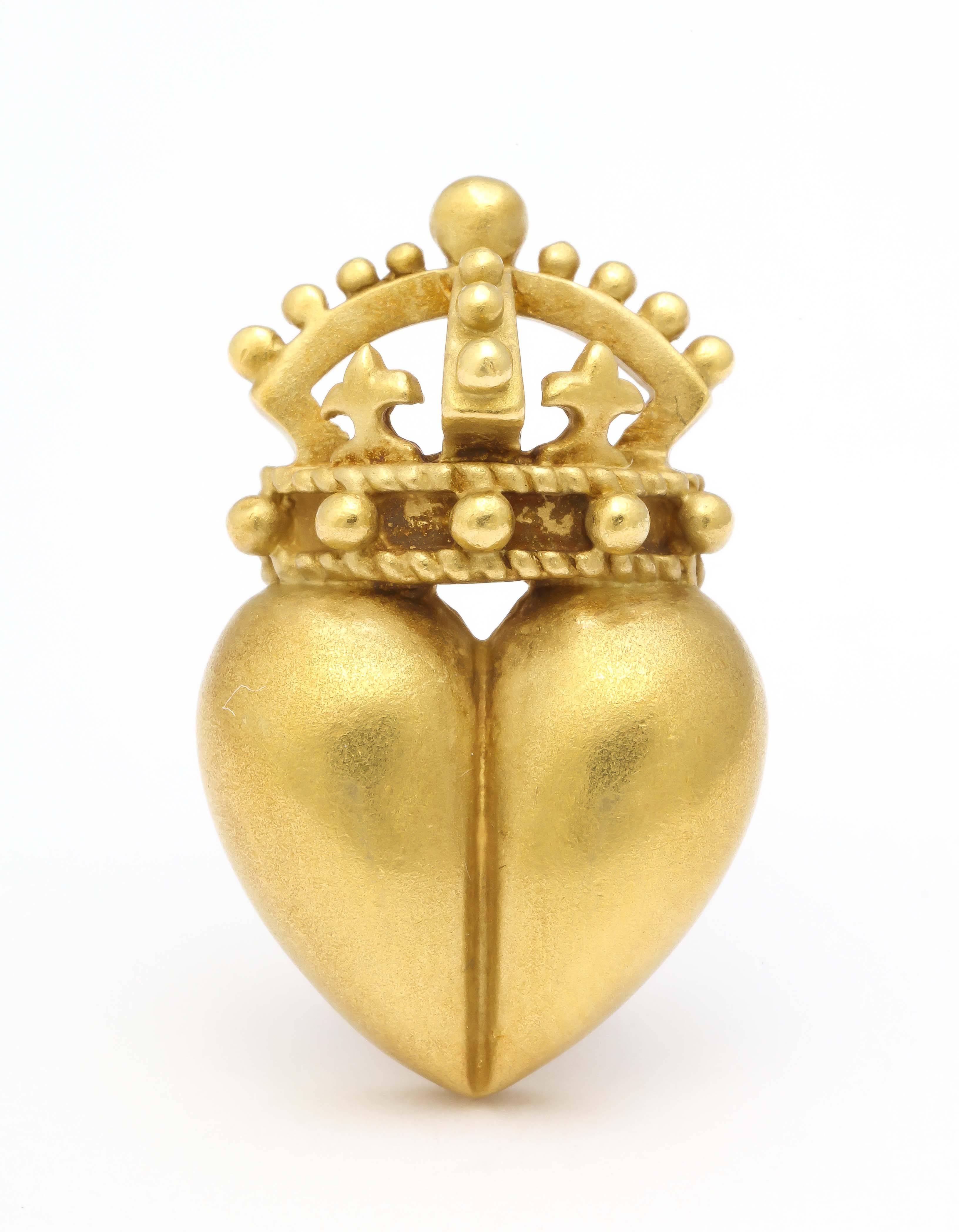Kieselstein -Cord signature heart and crown earrings in acid washed 18k gold.
one inch by 3/4 inch
