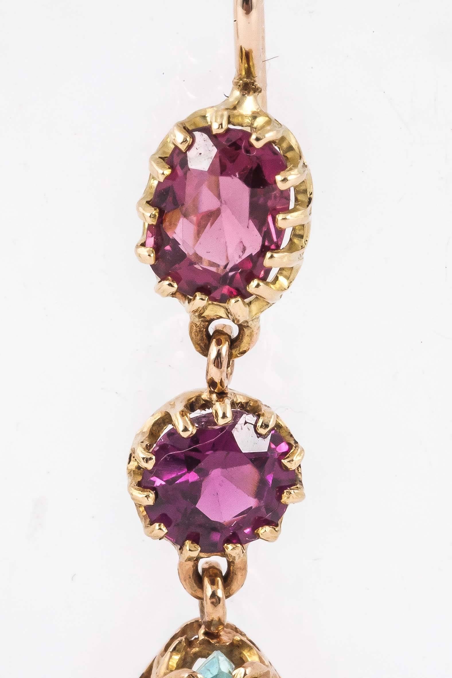 Late Victorian Victorian Aquamarine Amethyst Gold Drop Earrings For Sale