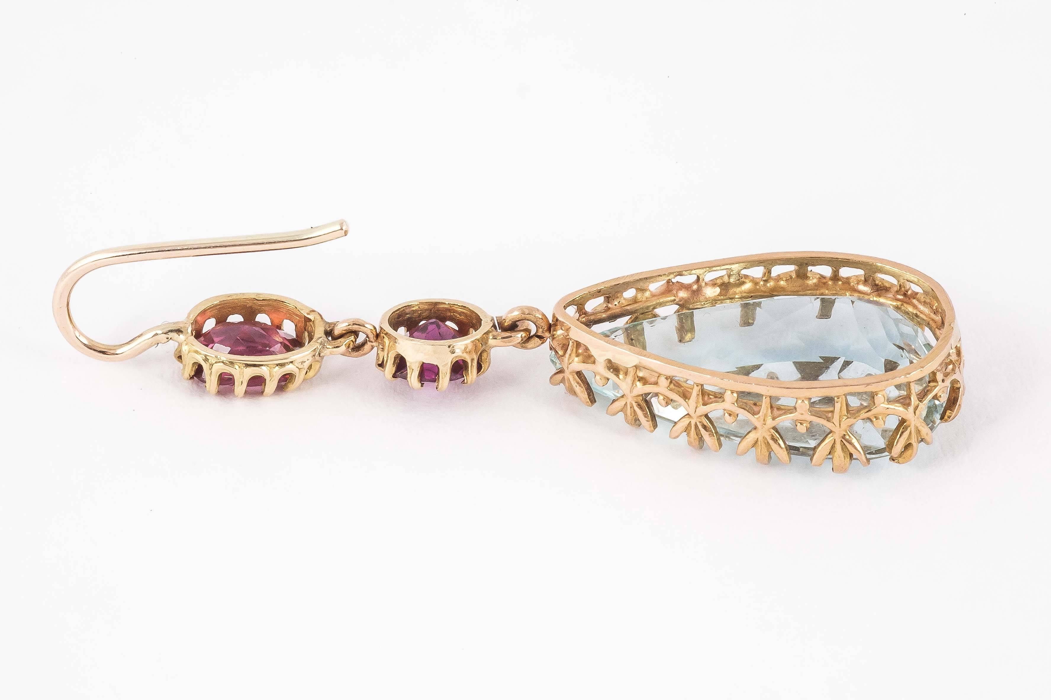 Victorian Aquamarine Amethyst Gold Drop Earrings For Sale 2