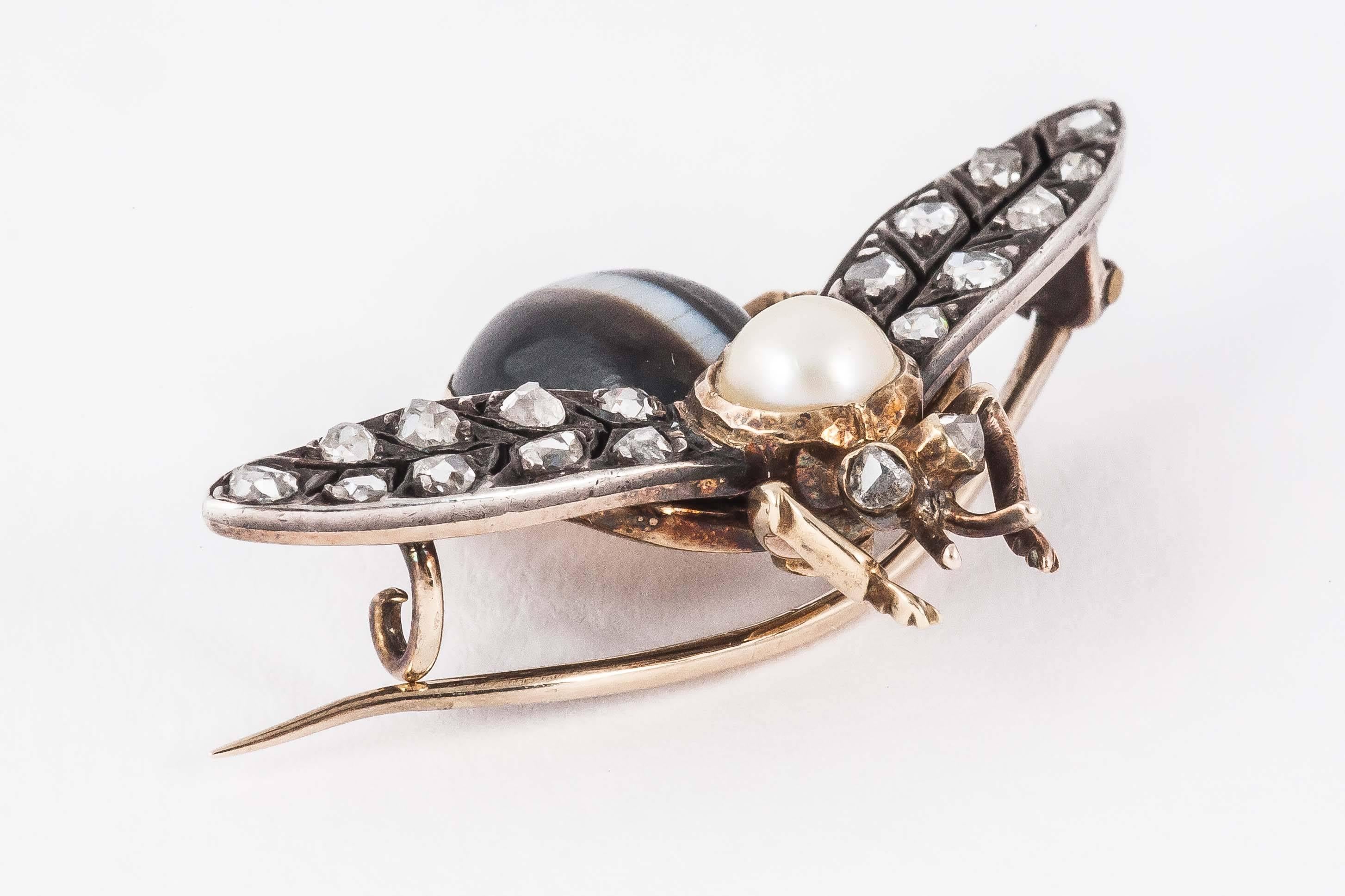 Victorian bug brooch in Silver and Gold set with Banded Agate and old cut Diamonds