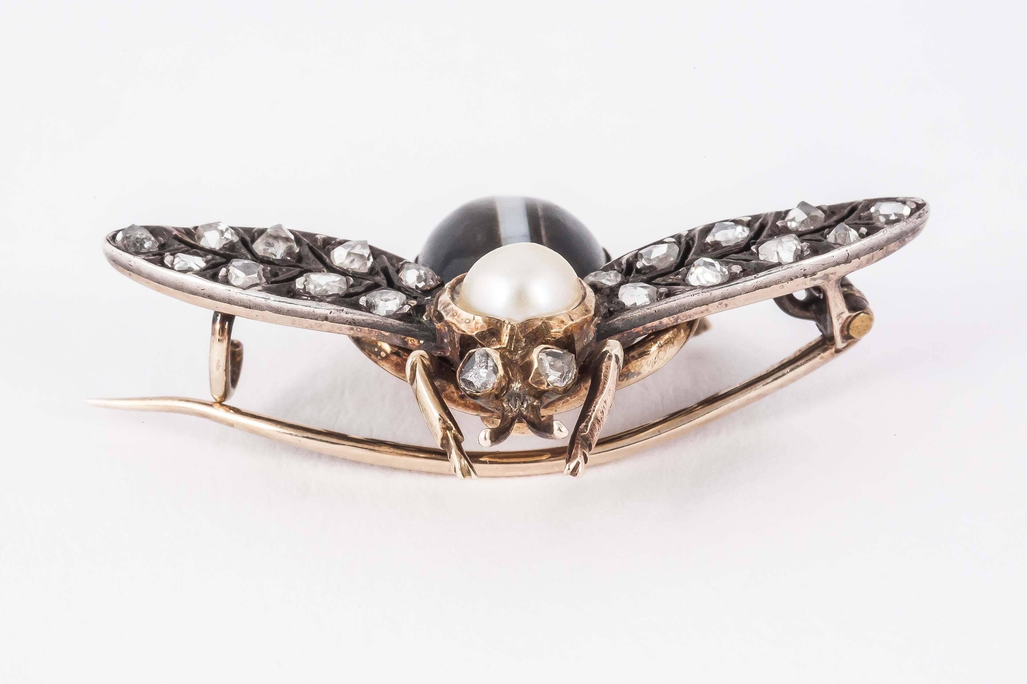 Late Victorian Banded Agate Diamond Silver Gold Bug Brooch For Sale