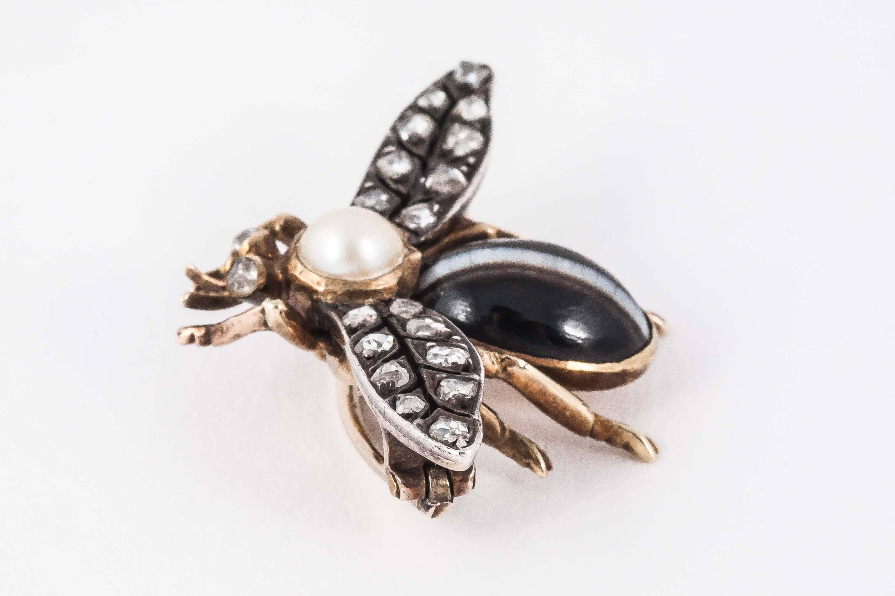 Banded Agate Diamond Silver Gold Bug Brooch In Excellent Condition For Sale In London, GB