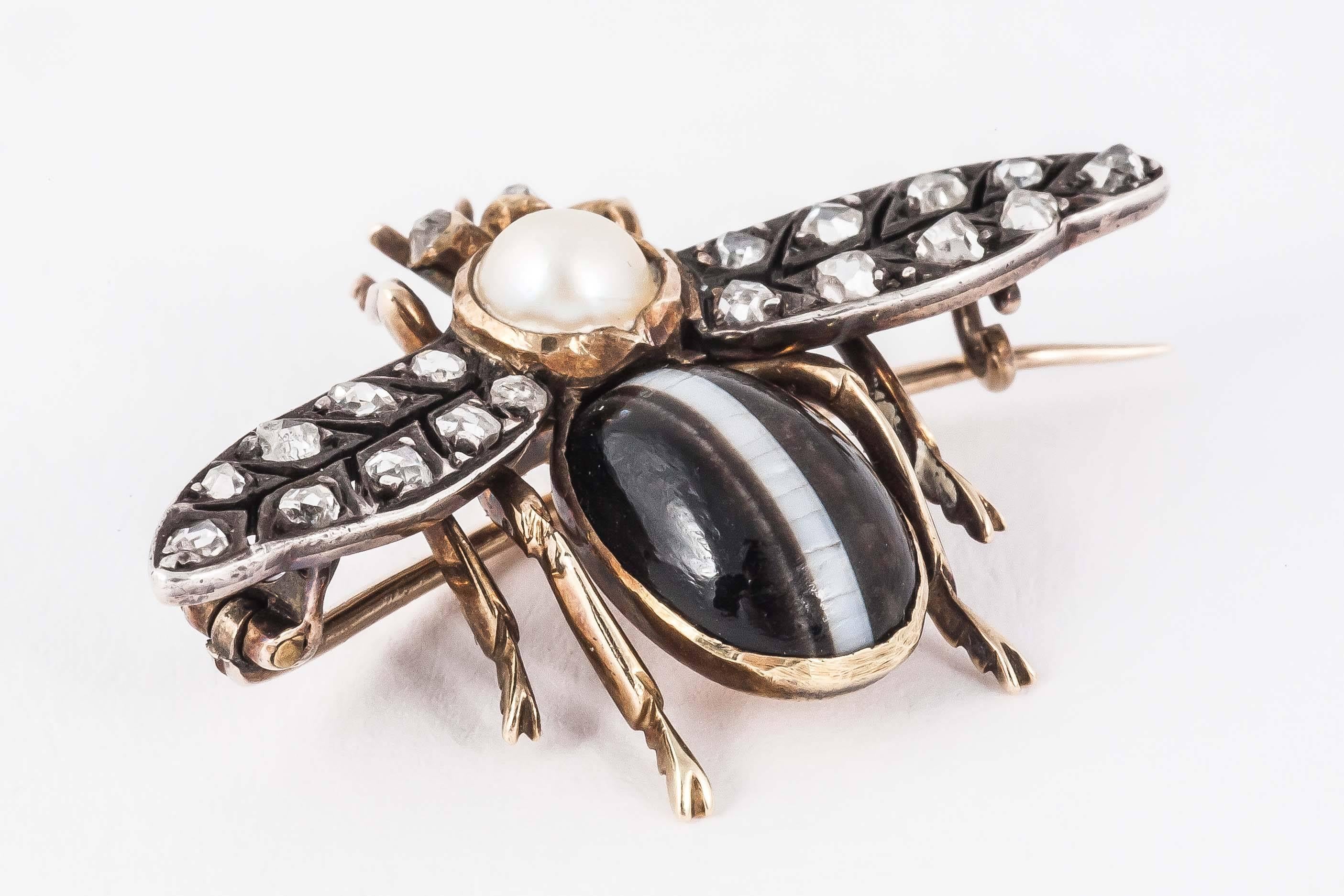 Women's Banded Agate Diamond Silver Gold Bug Brooch For Sale