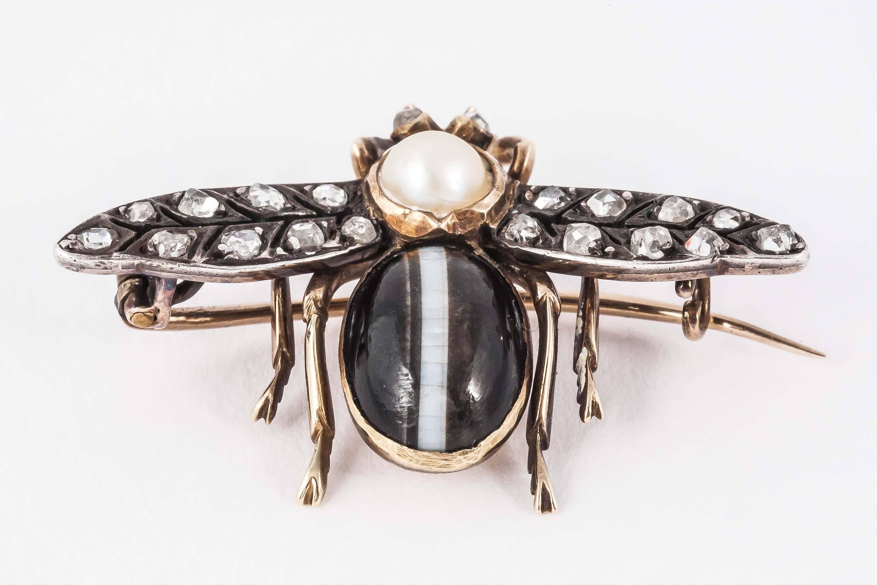 Banded Agate Diamond Silver Gold Bug Brooch For Sale 1