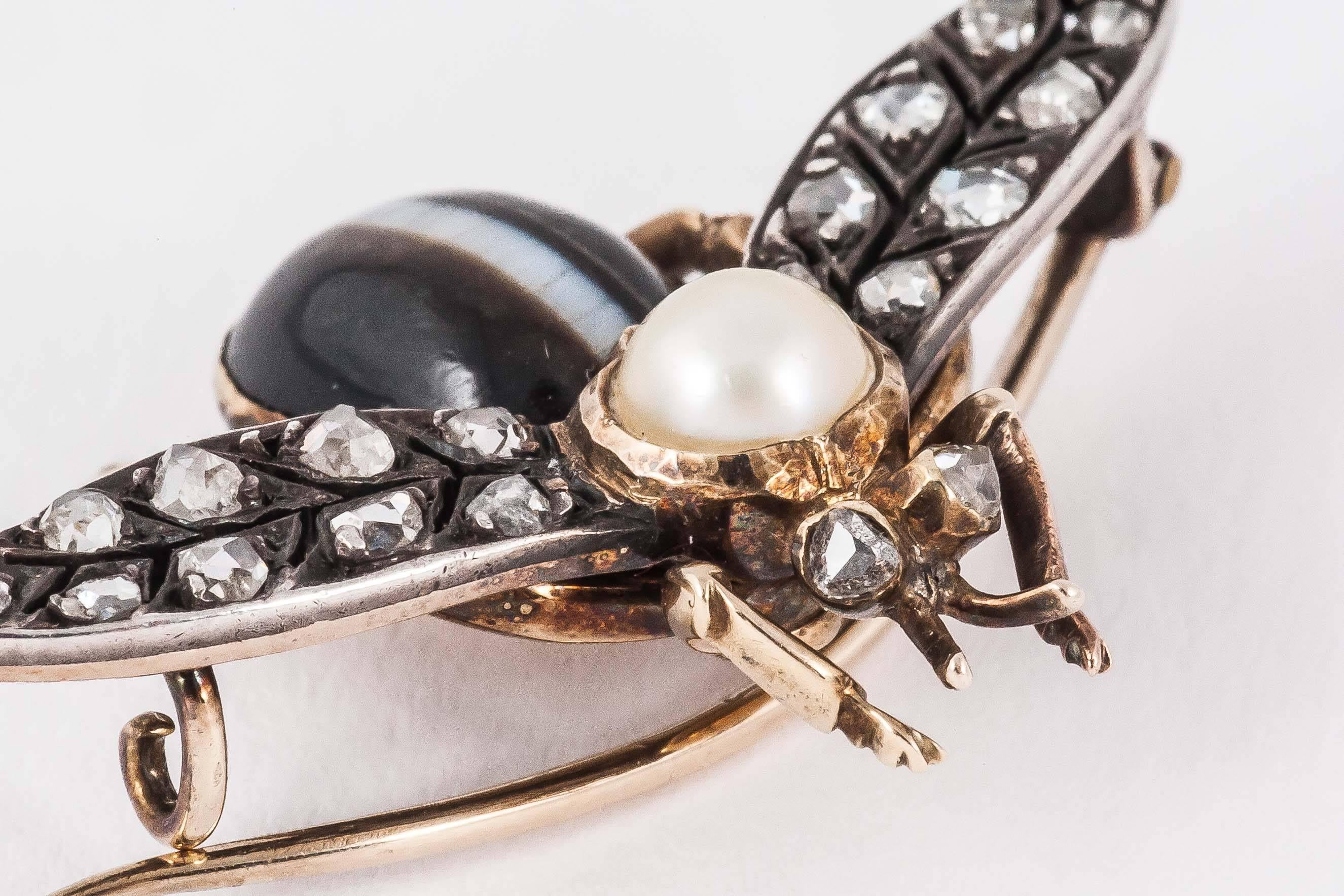 Banded Agate Diamond Silver Gold Bug Brooch For Sale 2