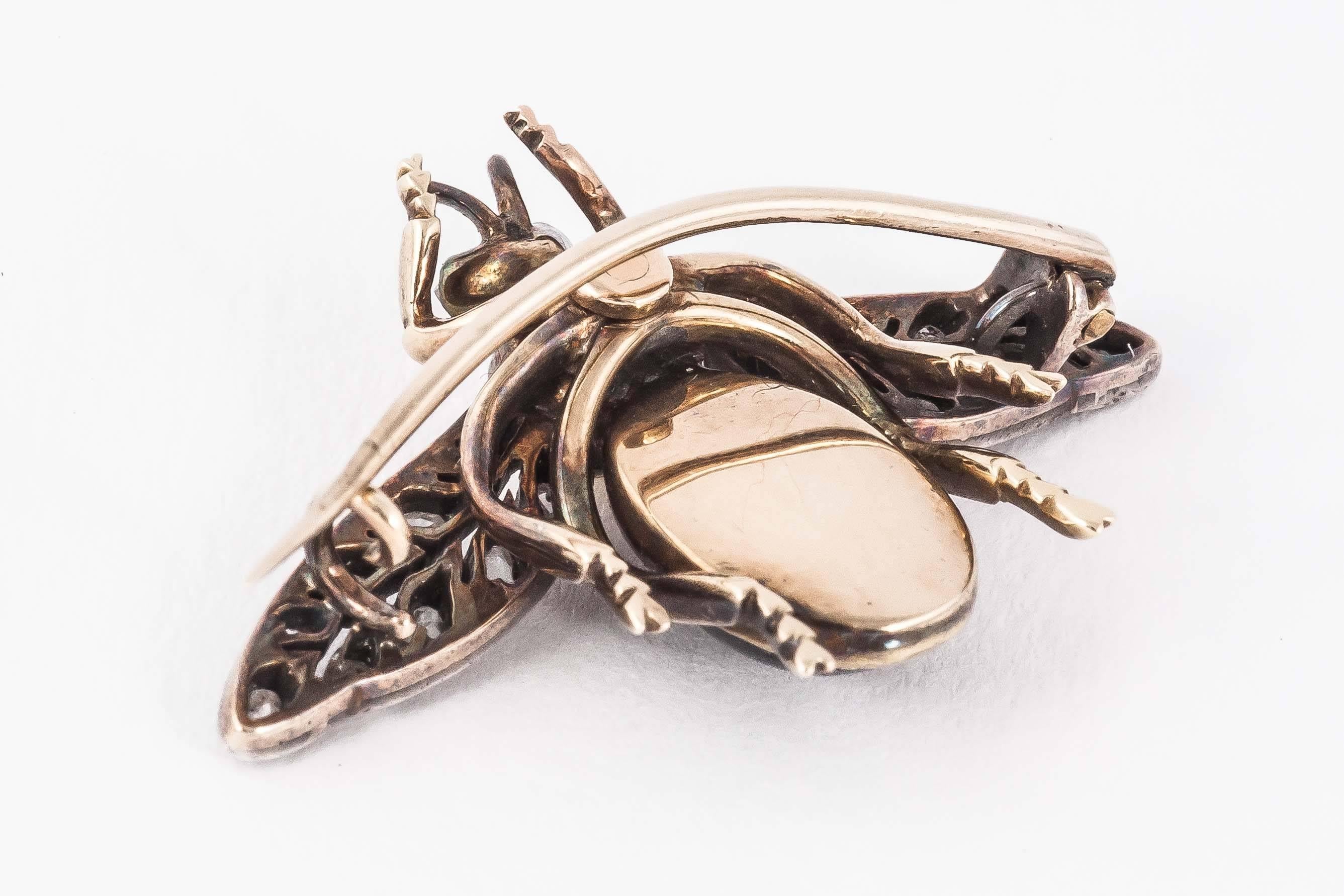 Banded Agate Diamond Silver Gold Bug Brooch For Sale 3