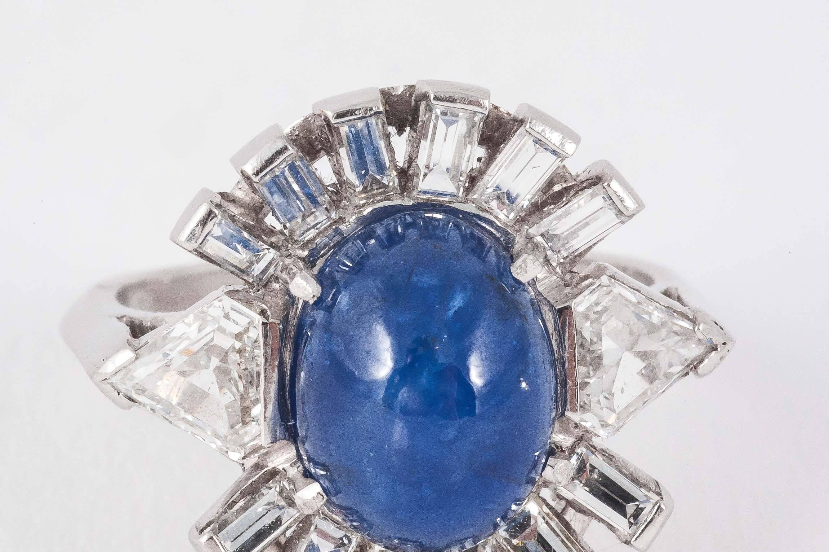 Women's Oval Cabochon Ceylon Sapphire Baguette Diamond Platinum Ring For Sale