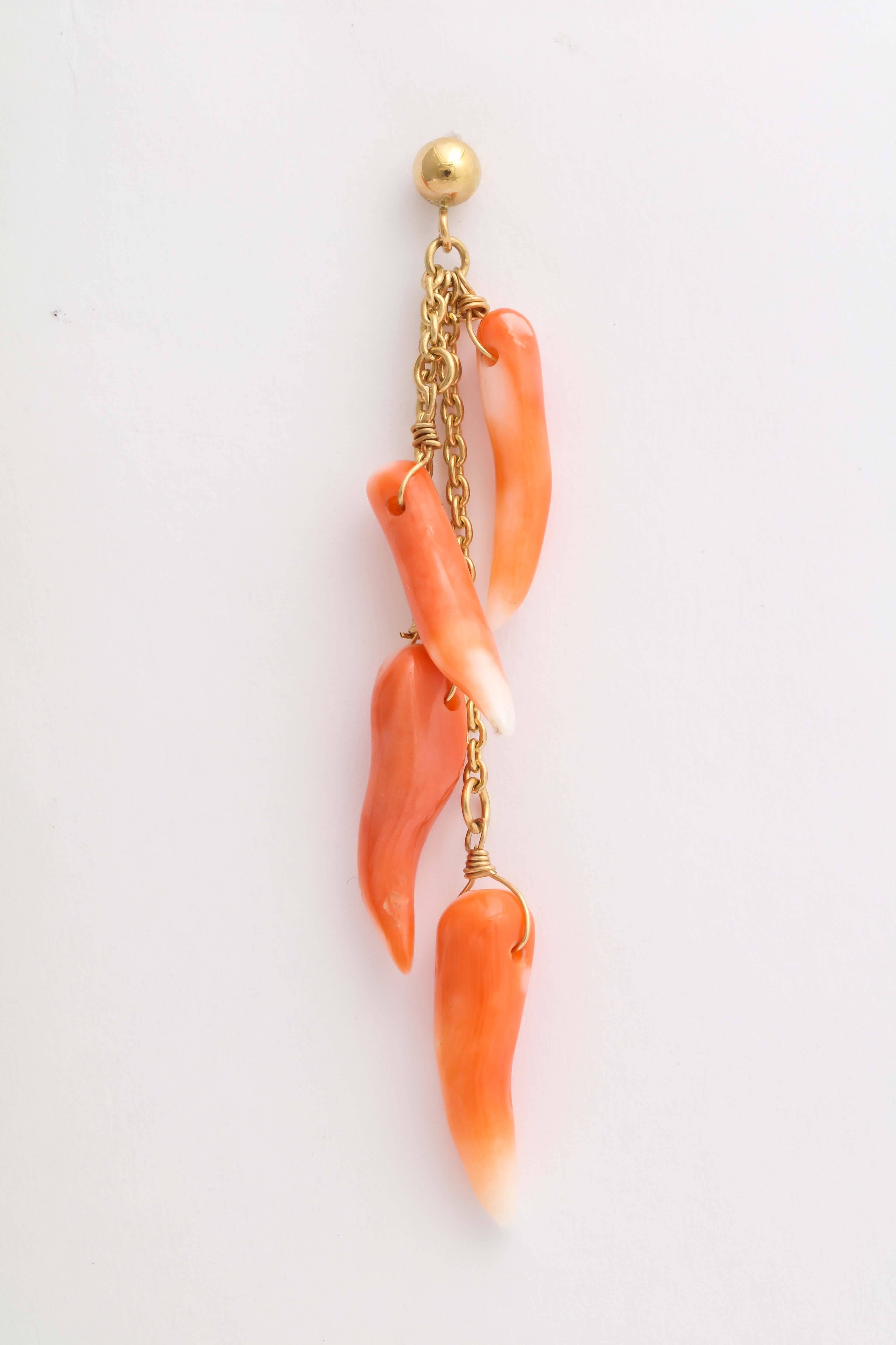Contemporary Natural Coral and Gold Dangle Earrings For Sale