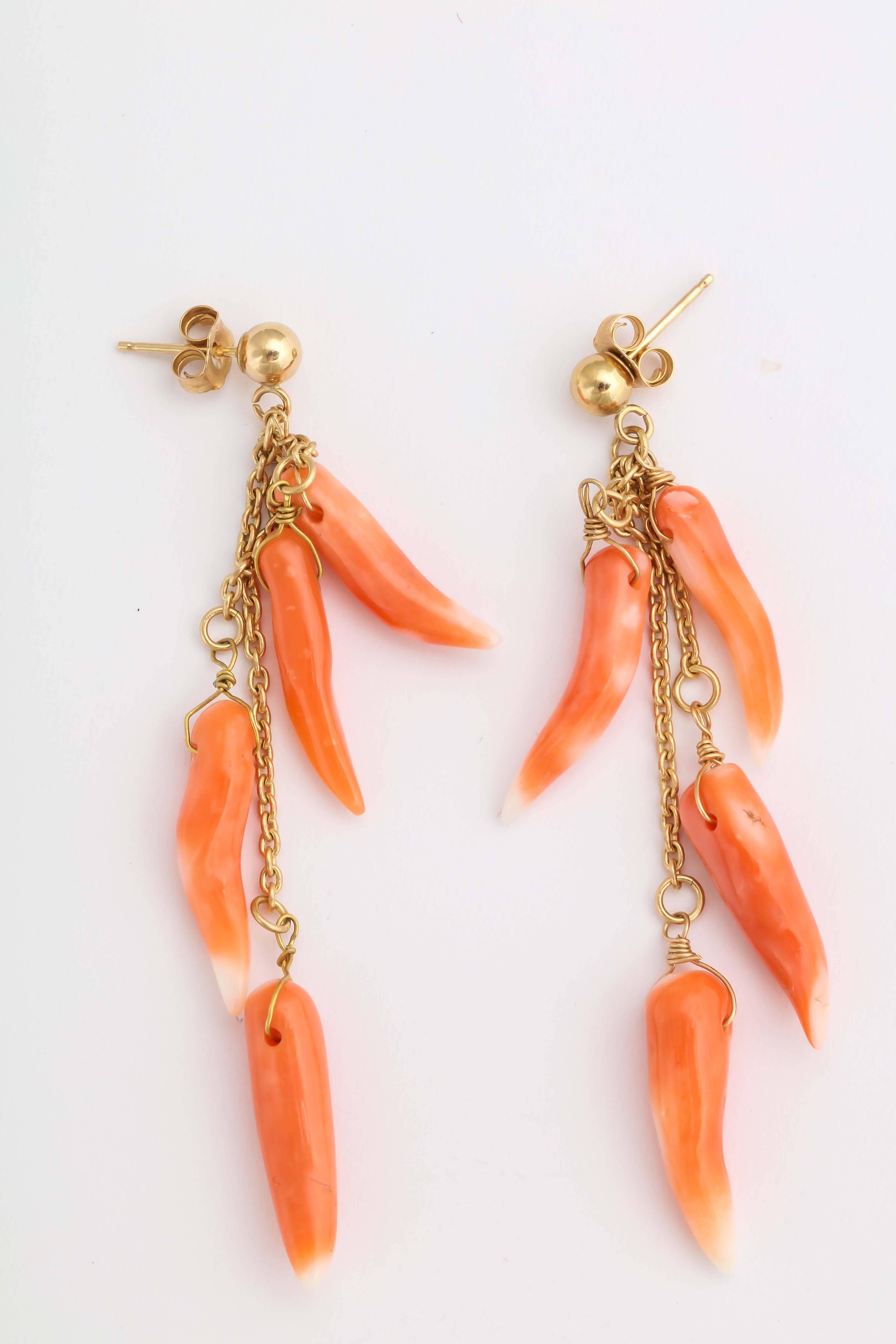 Women's Natural Coral and Gold Dangle Earrings For Sale