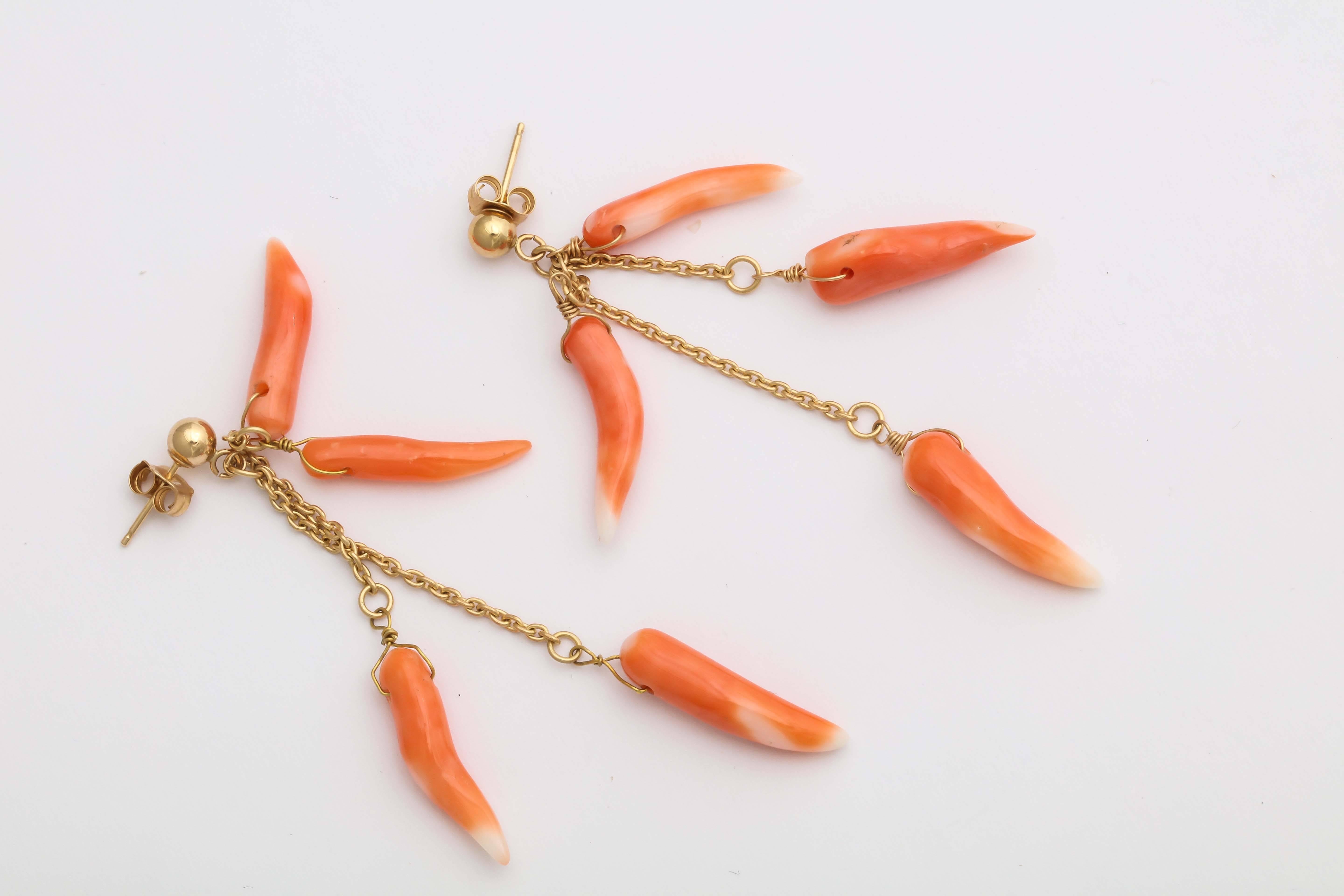 Natural Coral and Gold Dangle Earrings For Sale 1