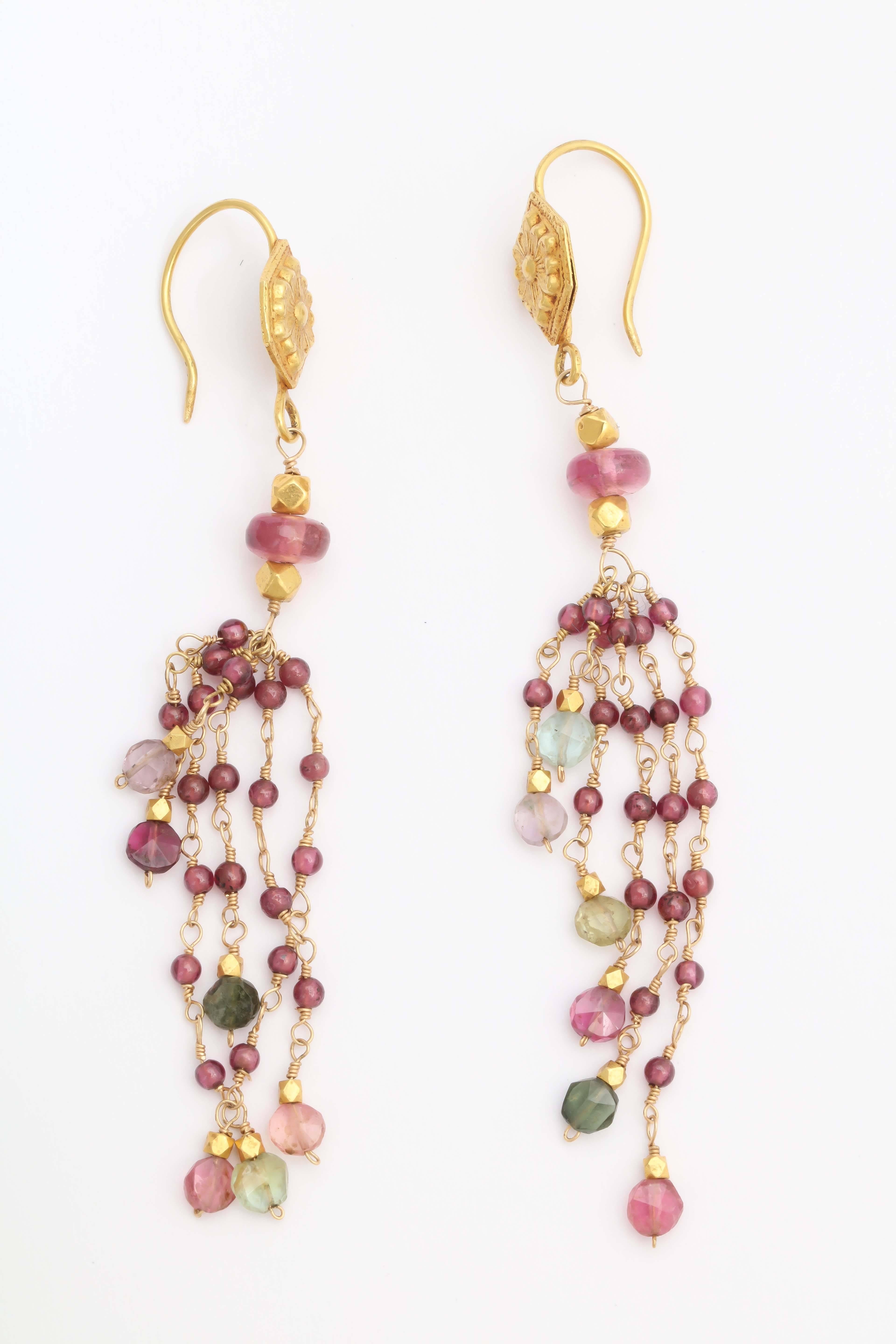 Graceful Tourmaline Garnet Gold Bead Chain Earrings In New Condition For Sale In TRYON, NC