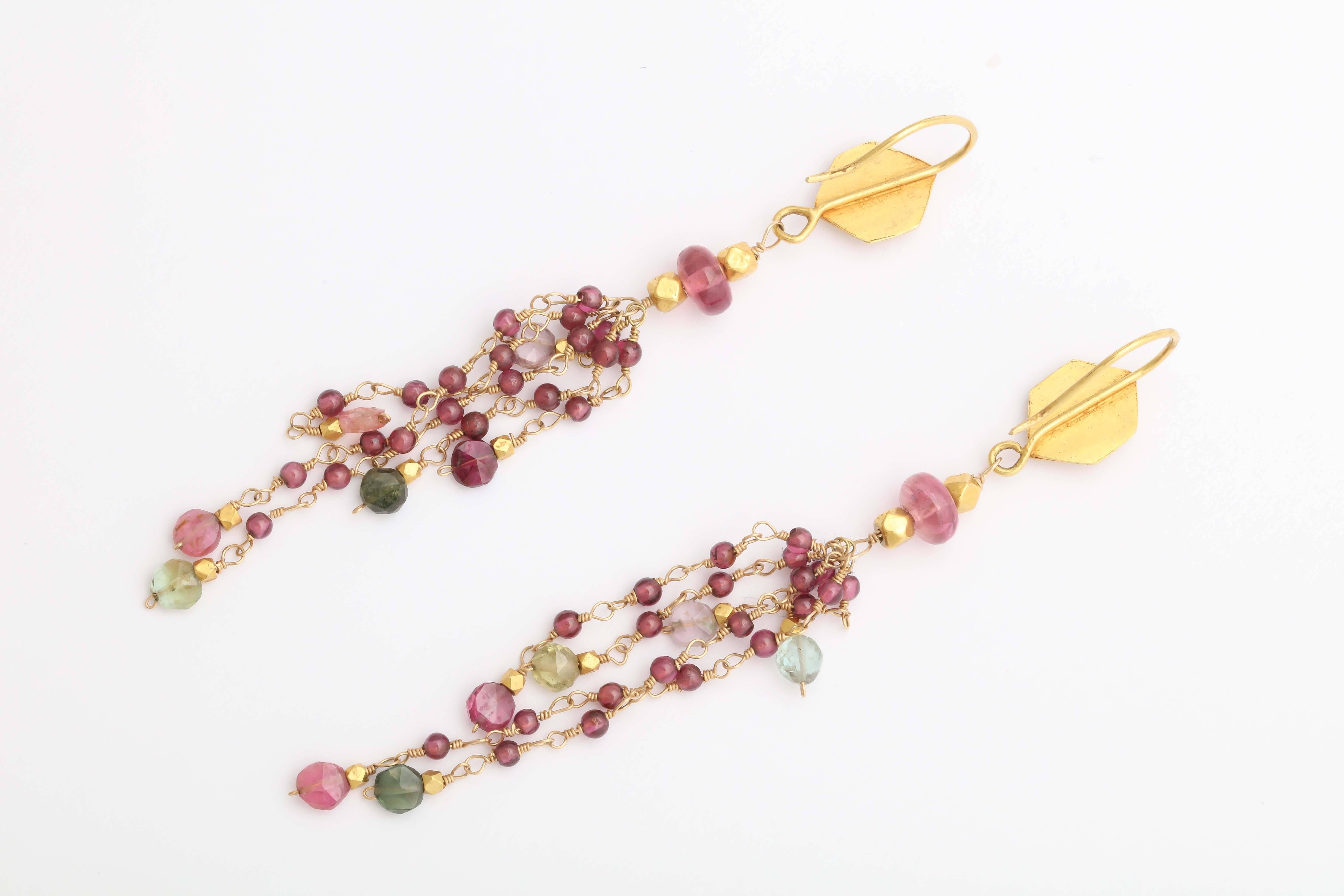 Women's Graceful Tourmaline Garnet Gold Bead Chain Earrings For Sale