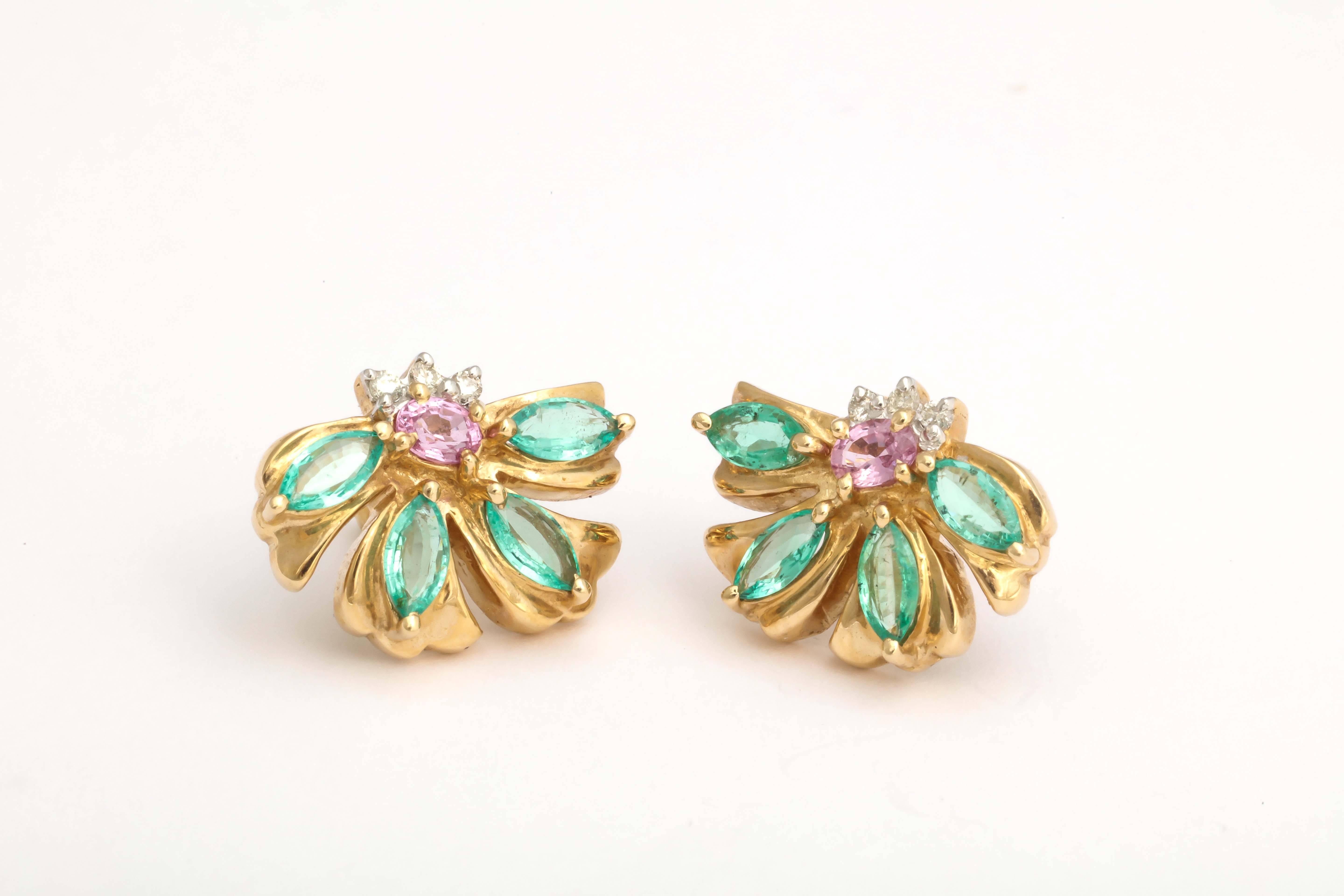 Women's Lovely Emerald and Pink Sapphire Floral Earrings For Sale