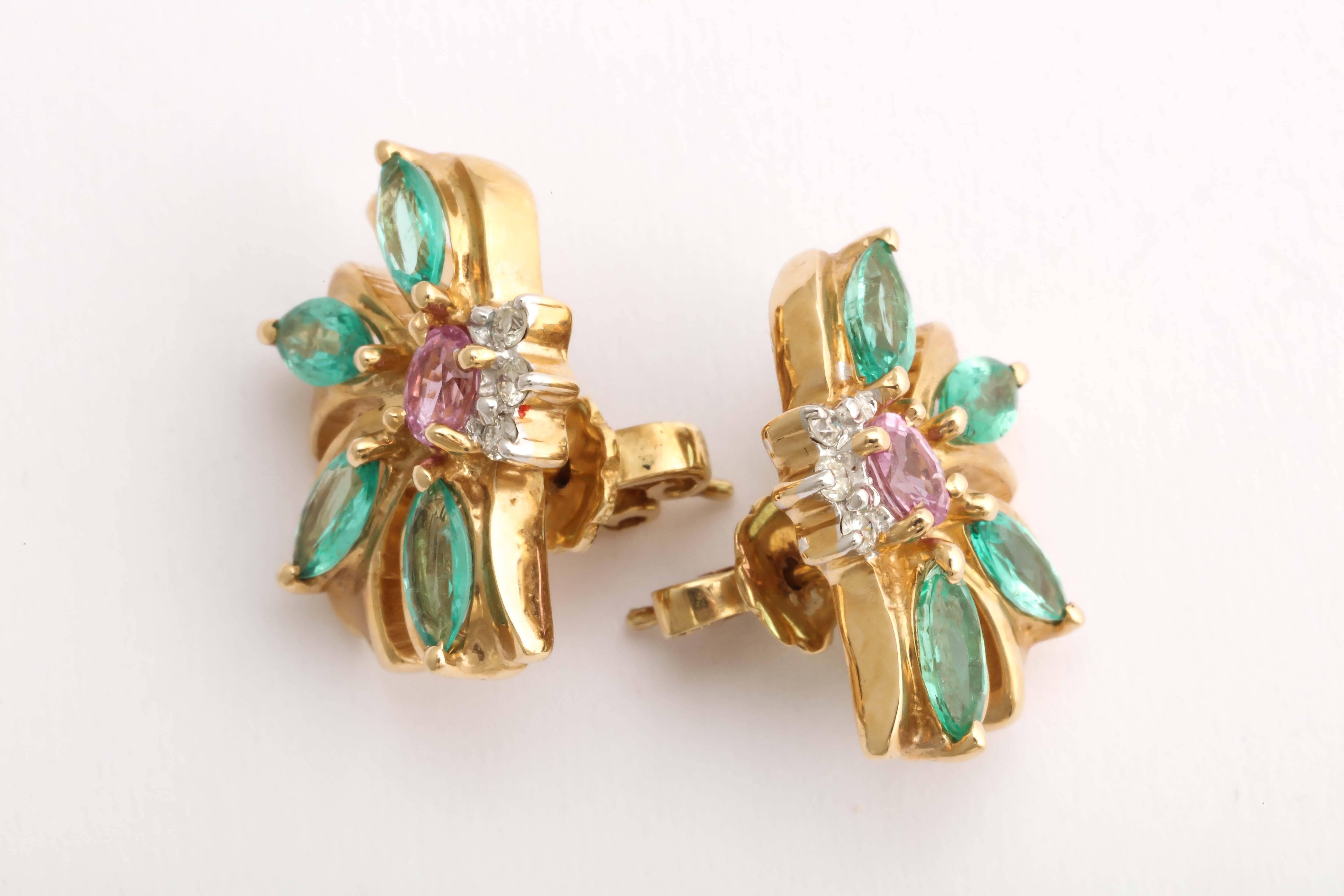 Lovely Emerald and Pink Sapphire Floral Earrings For Sale 3