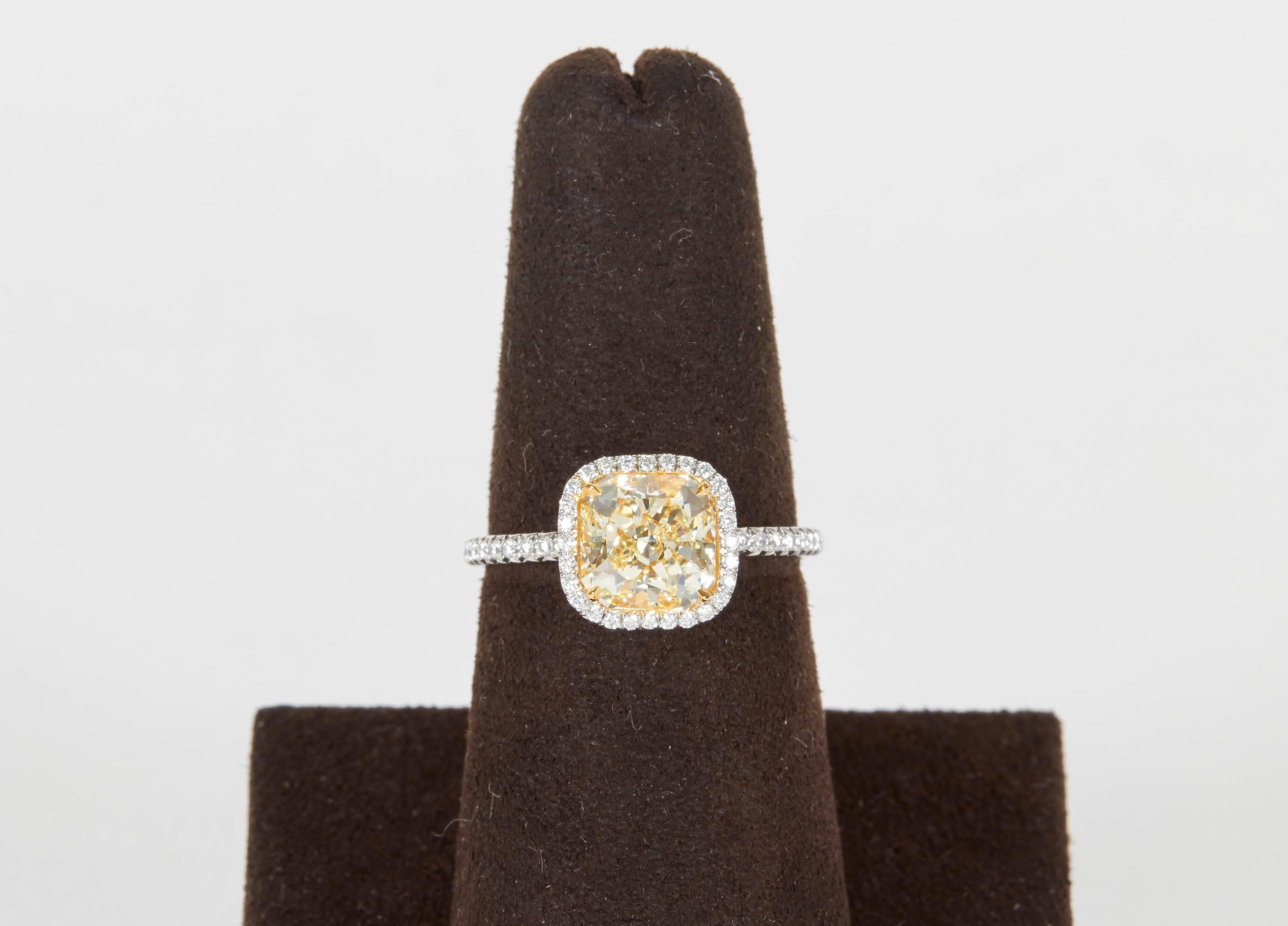 Cushion Cut Thin Handmade 2 Carat GIA Cert Fancy Light Yellow Diamond Engagement Ring