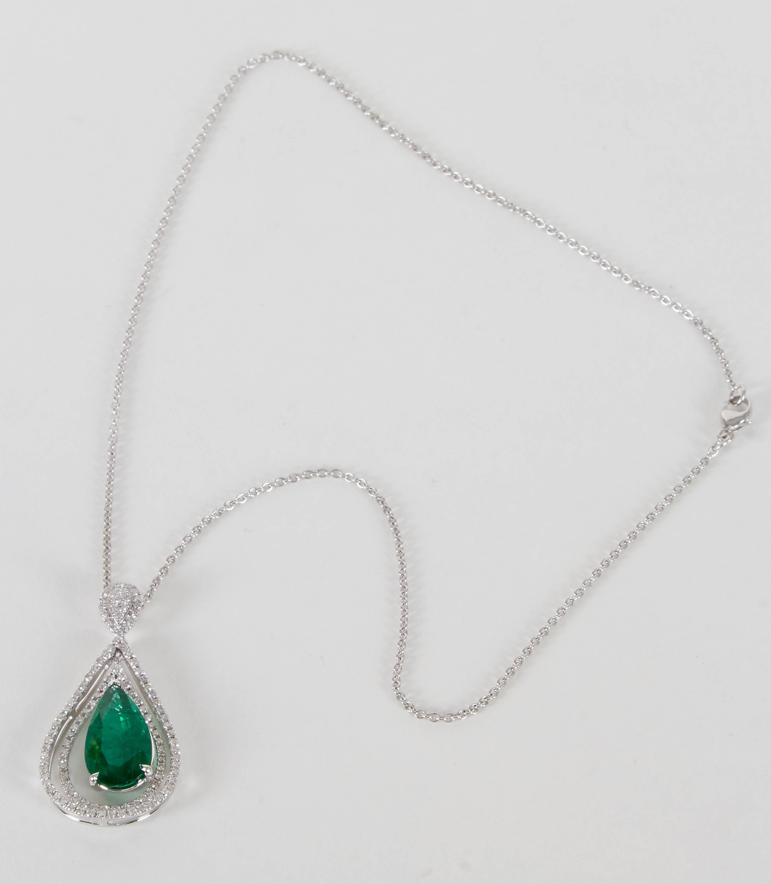 Pear Cut Green Emerald and Diamond Pendant